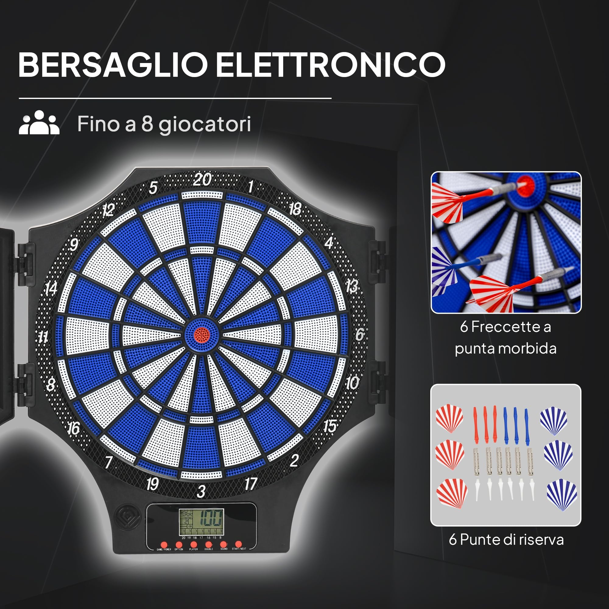 SPORTNOW Freccette Bersaglio Elettronico per 31 Giochi e 285 Programmi, Bersaglio Freccette con 6 Freccetta, 6 Punte di Ricambio e Monitor LCD, per 8 Giocatori