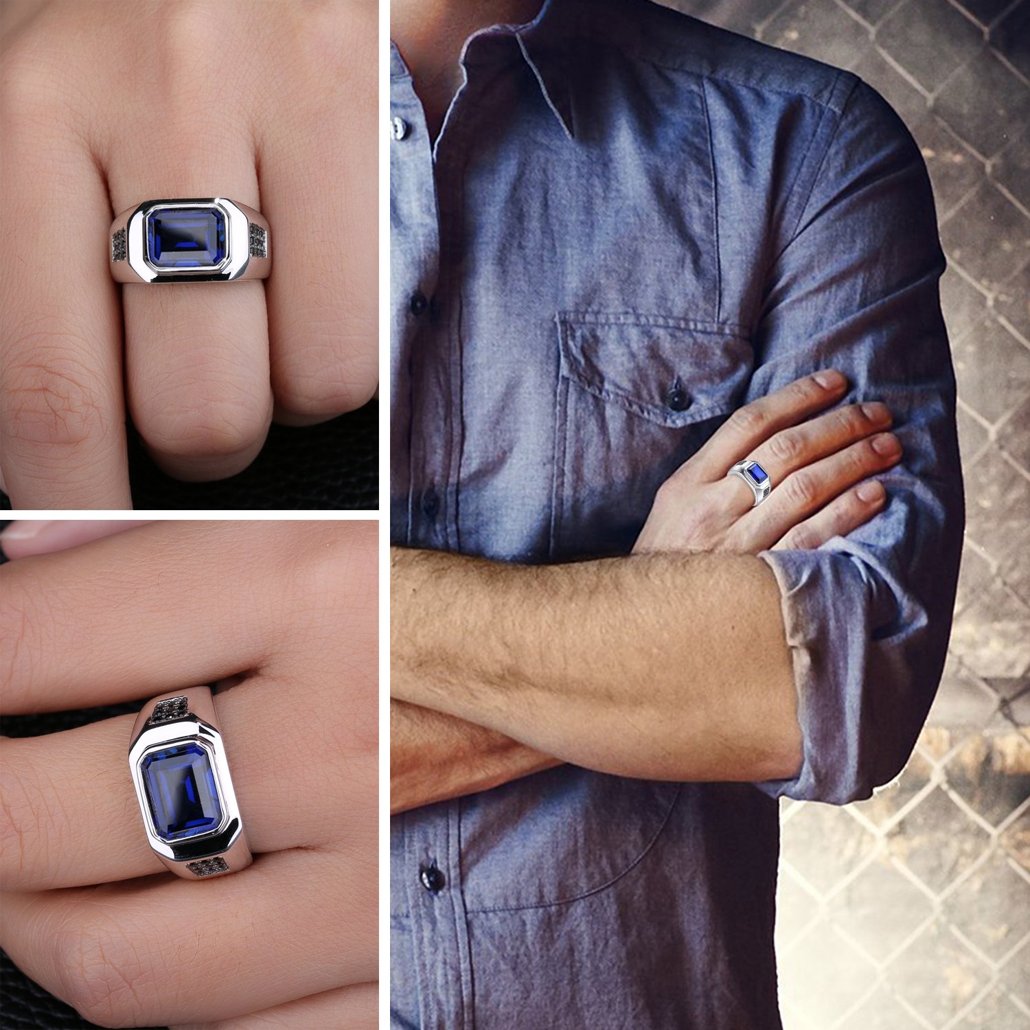 JewelryPalace Anelli Uomo, 4.3ct Sintetico Blu Zaffiro Naturale Nero Spinello Anello Uomo Argento 925, Anniversario Promessa Matrimonio Fidanzamento Anello, Gioielli Uomo