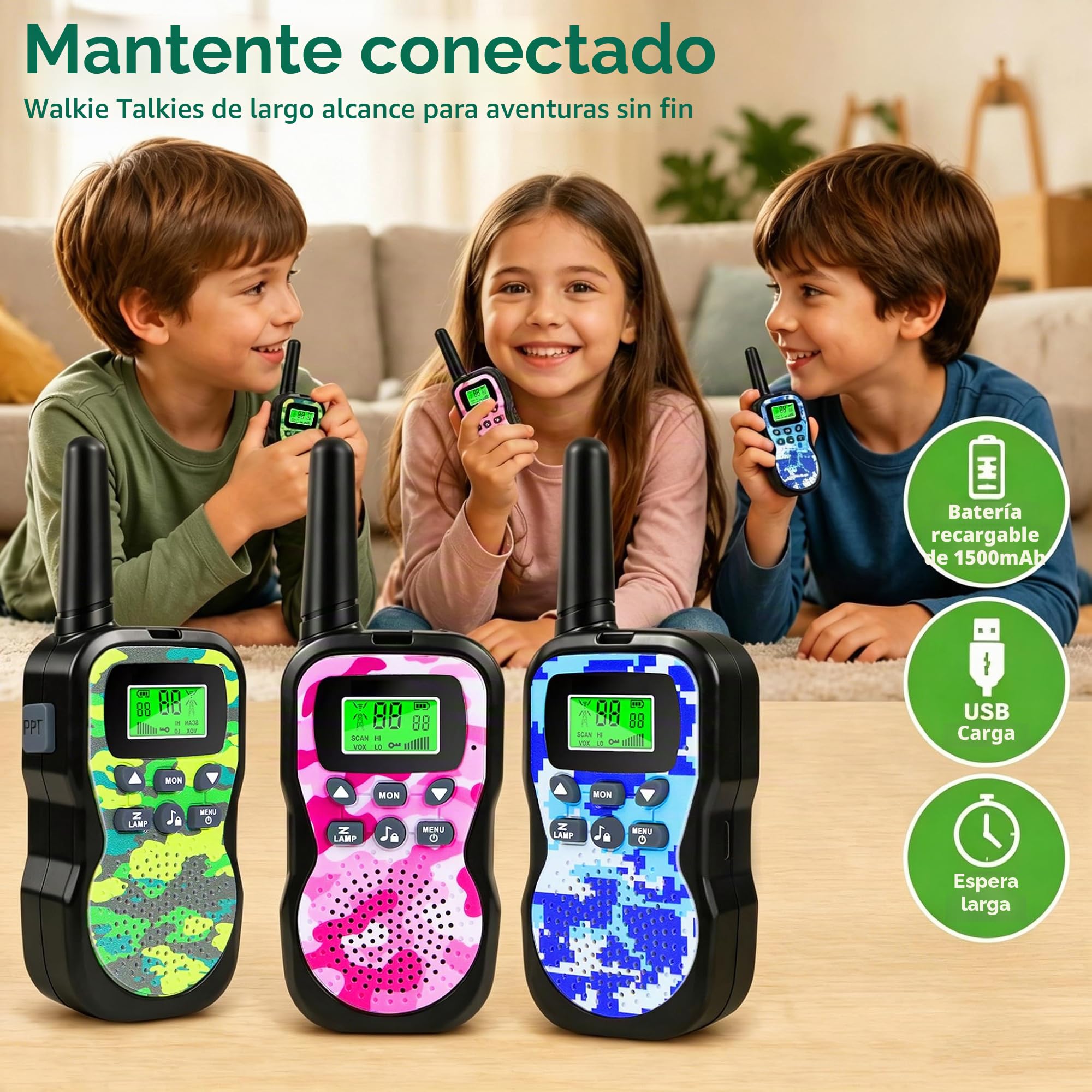 JUAUO Walkie Talkie Niños Recargable, 48 Horas de Tiempo de Trabajo, Alcance de 3 km, con VOX/Linterna/8 Canales, Regalos de Cumpleaños Juguetes al Aire Libre para niños de 3-12 años, 3 Unidades