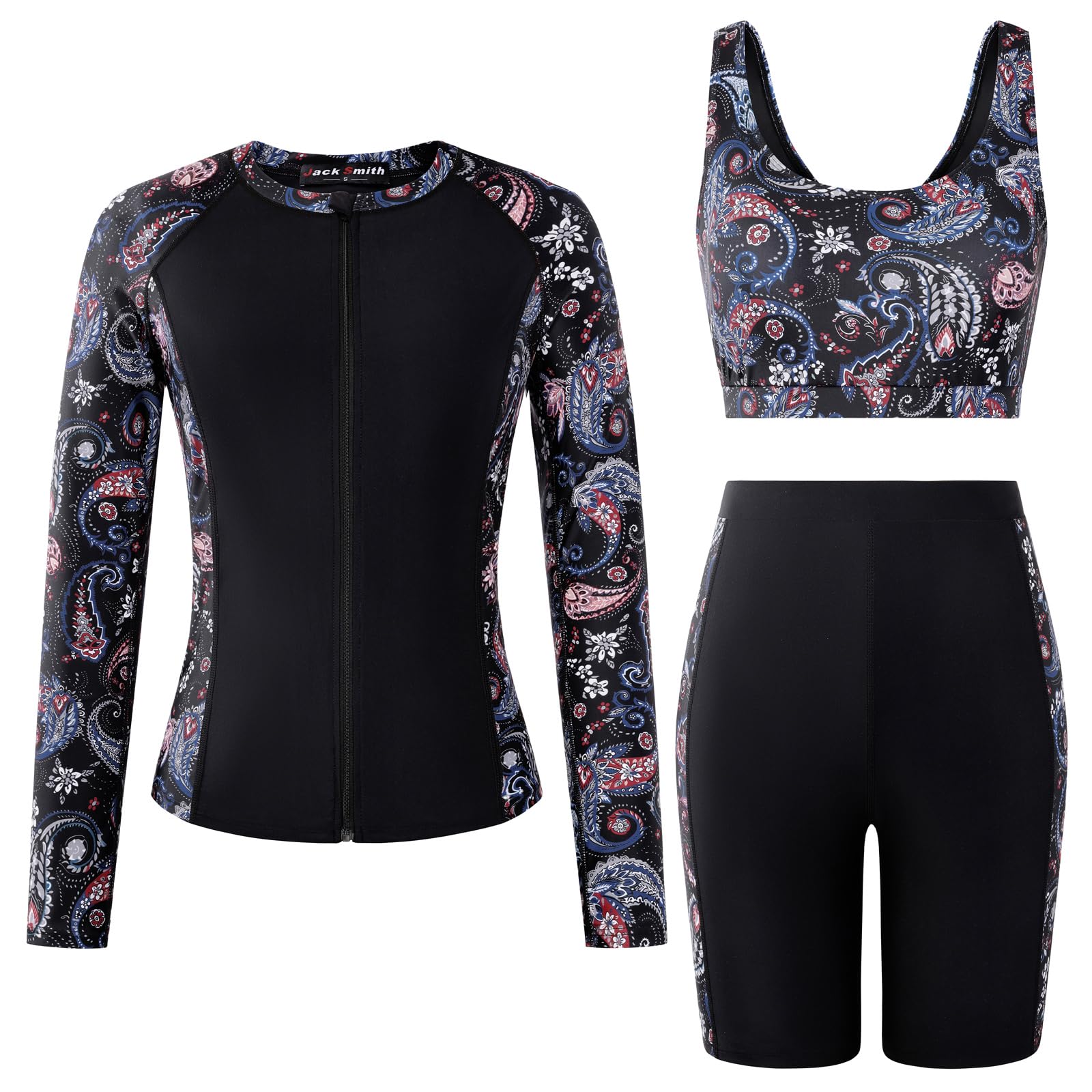 JACK SMITH Women's 3 Piece Long Sleeve Rash Guard Swimsuits Zip Front Bathing Suit Tankini Swimsuits UPF 50
