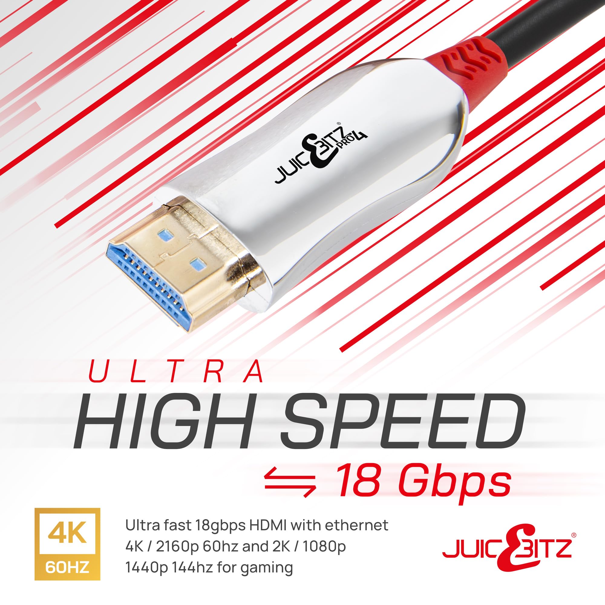 JuicEBitz Cable HDMI 4K Pro Series 100M de fibra óptica de ultra alta velocidad HDMI 4K 18Gbps 2.0 HDMI Cable HDMI a HDMI compatible con Xbox, Playstation, Apple TV, Sky + más, Ultra HD, 100 m de