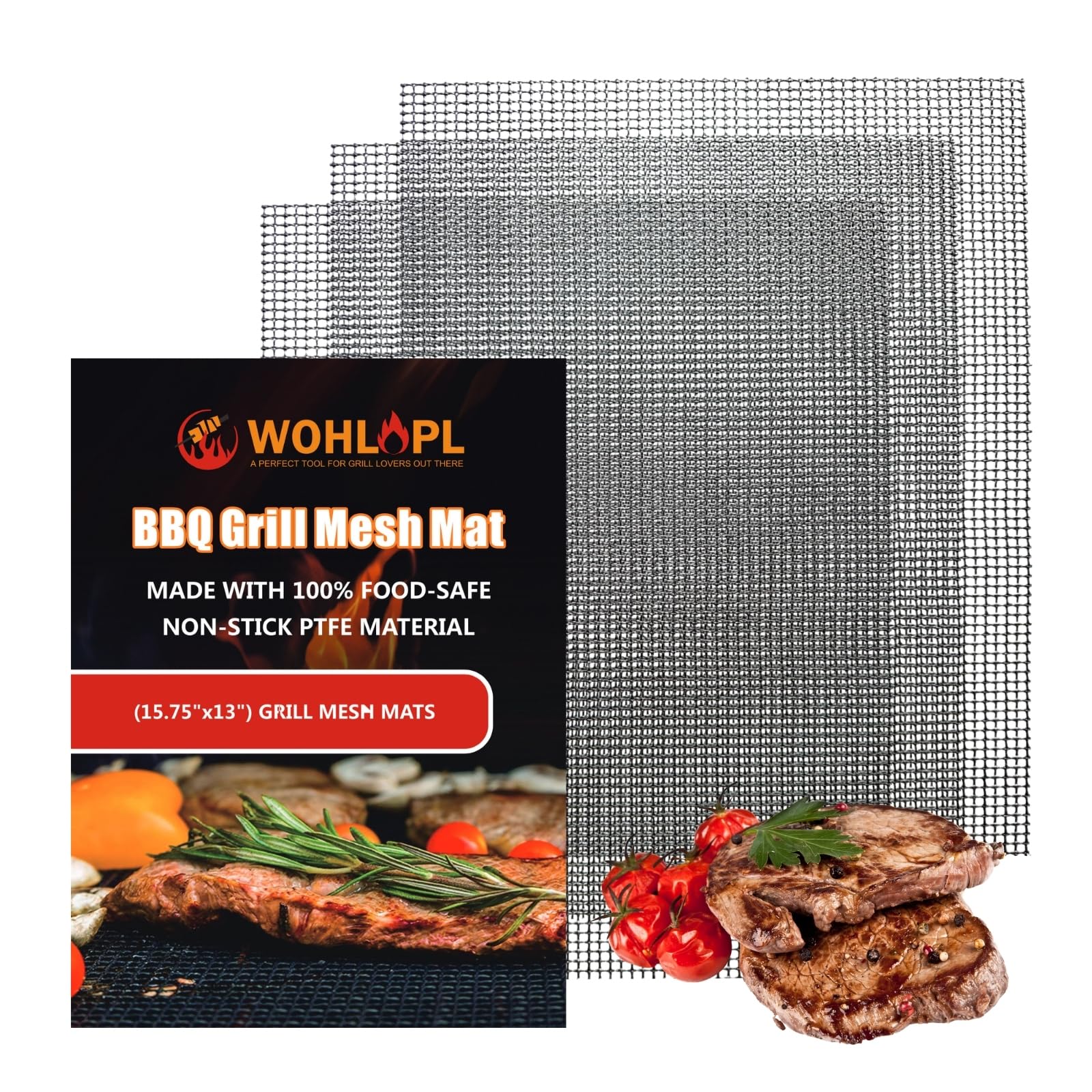 WOHLOPL Grill Mesh Mat for Outdoor Grilling, Non-Stick BBQ Grill Mat Resuable and Easy to Clean, Works on Gas, Charcoal, Electric Grill 15.7x13 Inch (3 pcs)