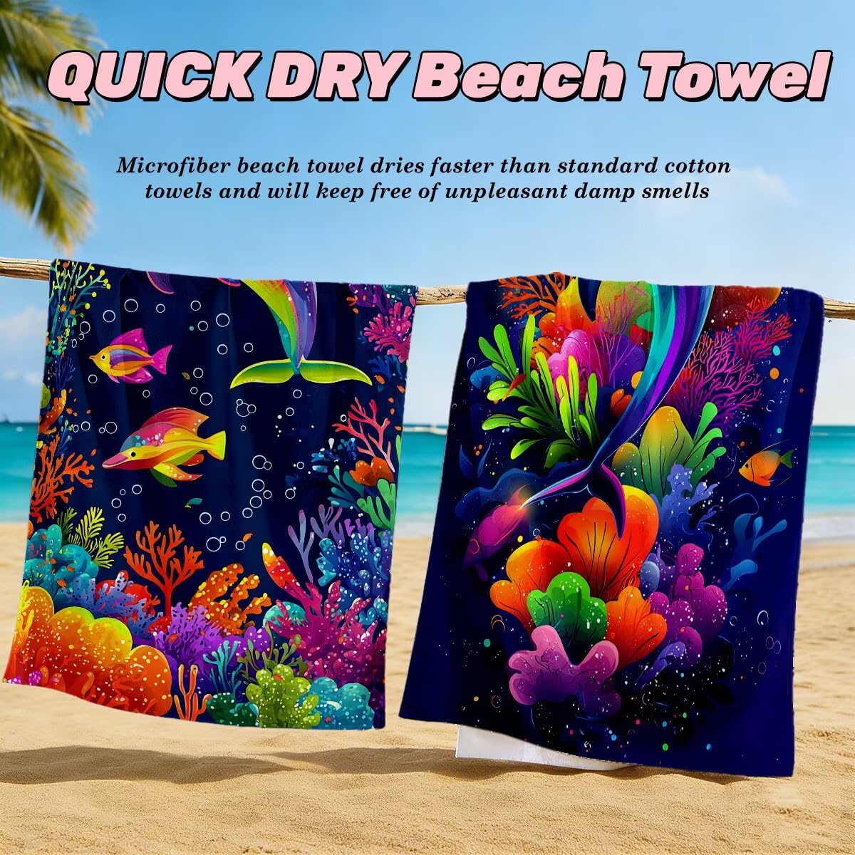 Toalla Playa 100x220 cm, Toalla Gimnasio Microfibra Secado Rapido, Juego de 2 Antiarena Toallas de Playa, Ligera Compacta Toallas Microfibra Grande para Viaje, Regalo Hombre Mujer (Delfín) -5013