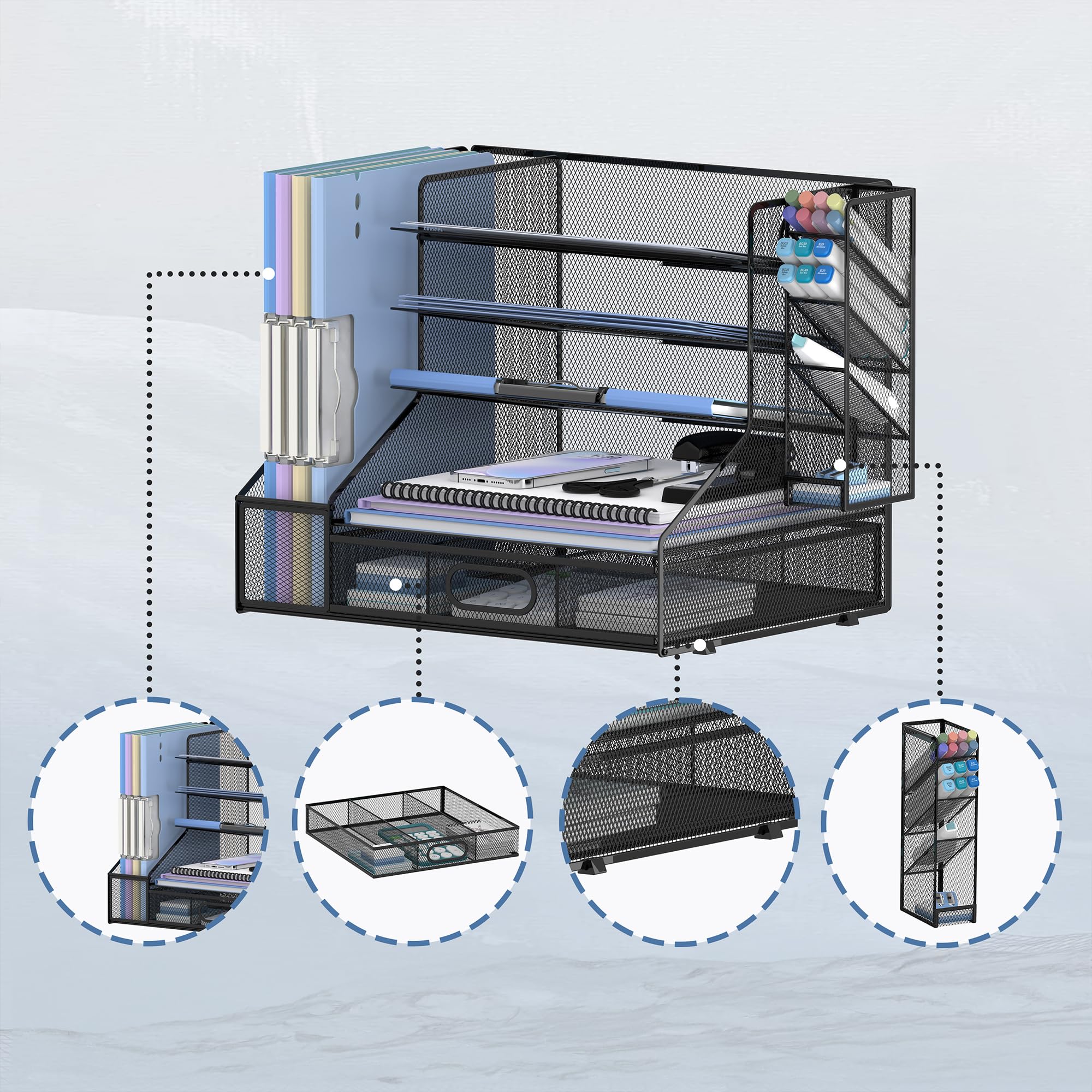 SUPTIDY Mesh bureau-organizer met aktjeshouder, 5-laagse papieren brieventray organizer met tijdschriftenhouder, bureauorganizer en plank met lade voor kantoorbenodigdheden, zwart