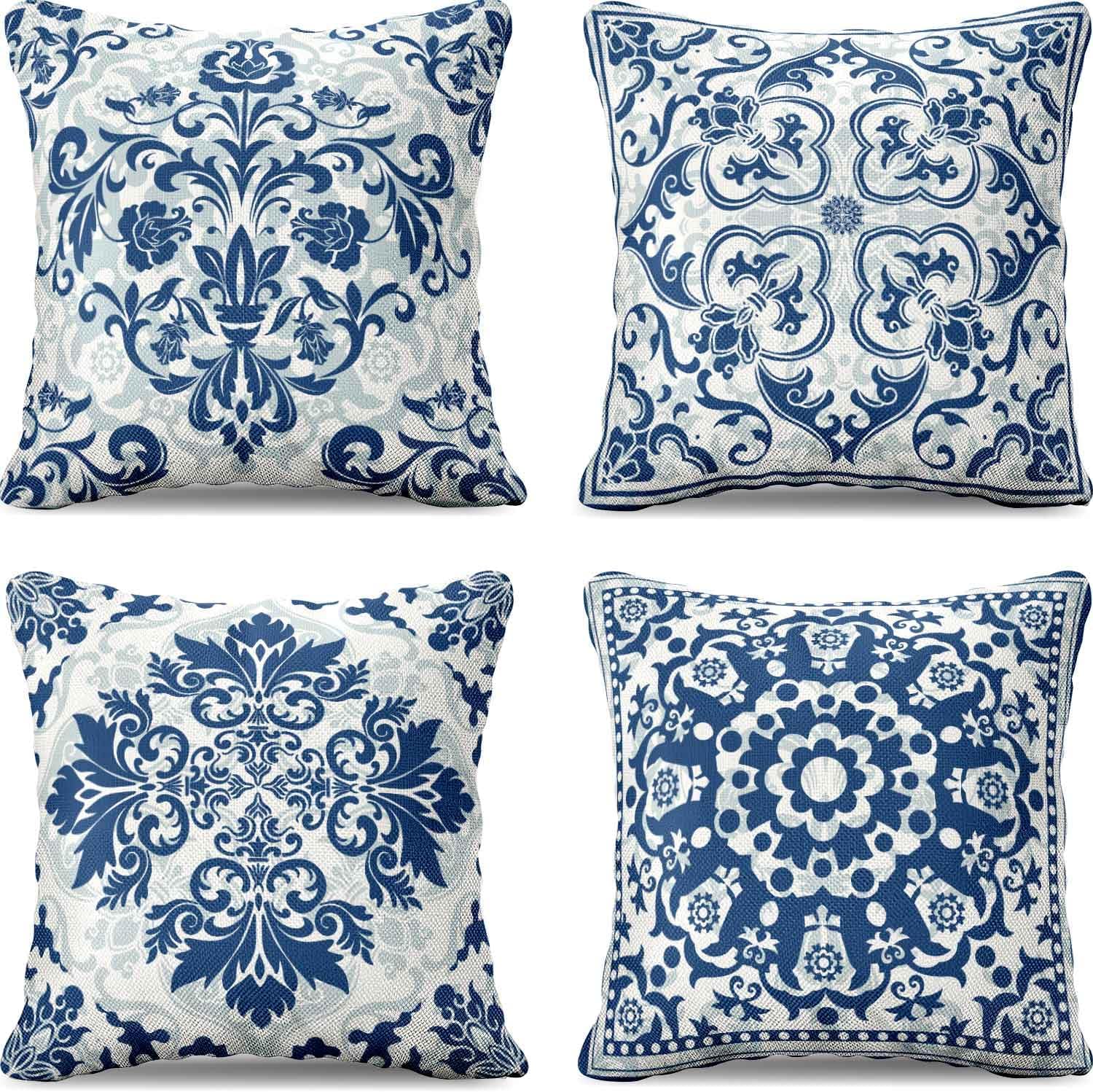 LUVIVIHOME Chinoiserie Pillow Covers, Decorative Throw Pillow Covers, Farmhouse Vintage Floral Blue and White Pillow Case for Sofa Couch Bed Outdoor Home Decor Chinoiserie Decor, 18x18 Inch Set of 4