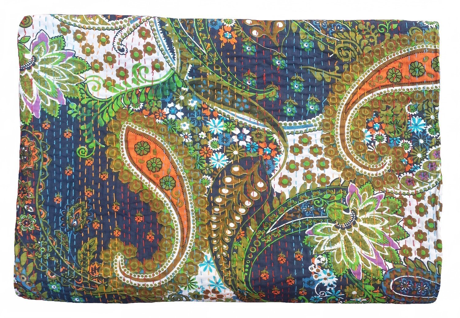 Sophia-Art Indian Handmade Paisley Print King Size Kantha Quilt, Kantha Blanket, Bed Cover, King Kantha Bedspread, Bohemian Bedding Kantha Size 90 Inch x 108 Inch (Royal Blue)