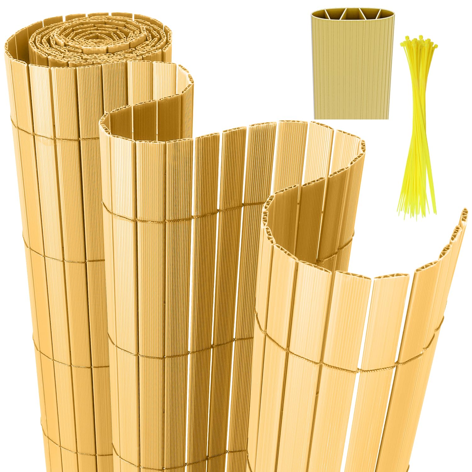 Sichtschutzmatte, PVC Sichtschutzzaun, 4-Gewicht-Verstärkung, 0.9 x 8M Sichtschutz für Zaun Balkon, Gartenzaun mit Kabelbindern, Windschutz UV-beständig, für Balkon Garten Terrasse, Bambus