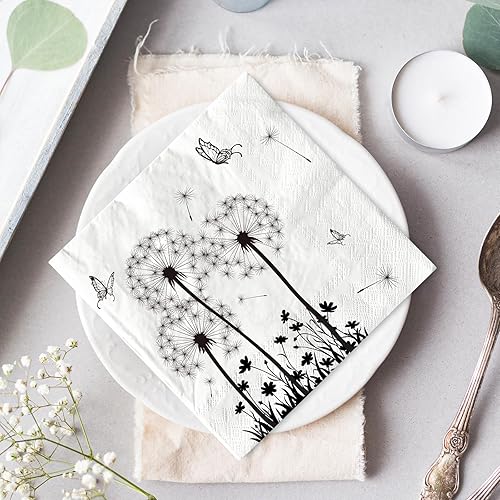 Miniatura 6 de AnyDesign Paquete de 100 servilletas de papel desechables de diente de león, servilletas de almuerzo florales blancas y negras, servilletas de mano