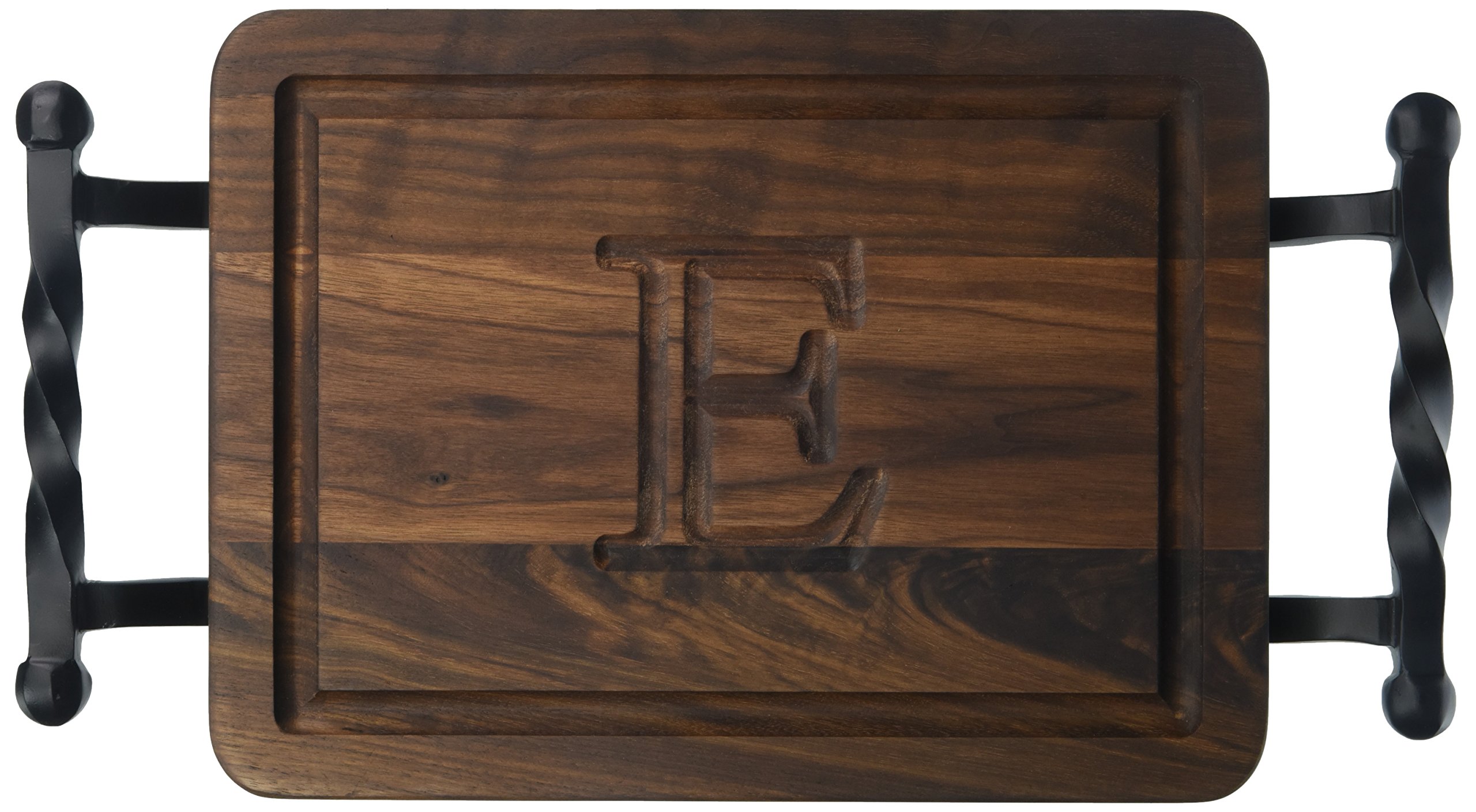 BigWood Boards W200-STWB-E Thick Bar/Cheese Board with Twisted Ball Handle, 9-Inch by 12-Inch by 3/4-Inch, Monogrammed"E", Walnut