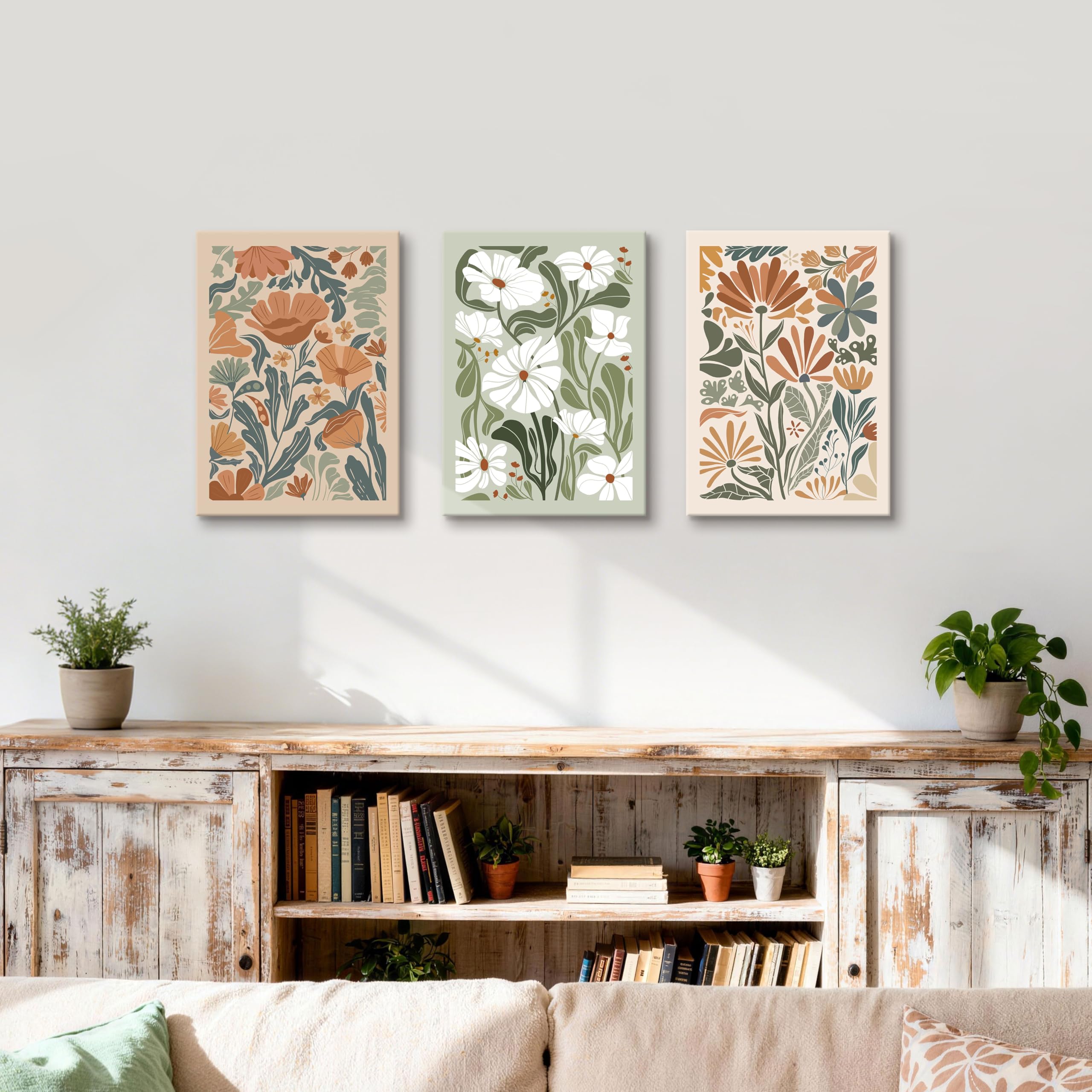 Abstract Floral Framed Canvas Wall Art Boho Floral Botanical Print Set of 3 Green Beige Wildflower Flower Market Paintings Modern Minimalist Pictures Decor Bedroom Bathroom Living Room Office 16"x24" - Image 3