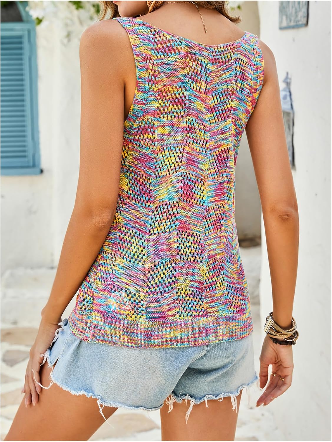 MakeMeChic Women's Crochet Tank Top Tie Dye Hollow Out Sleeveless Summer Shirt Going Out Tops - Image 2