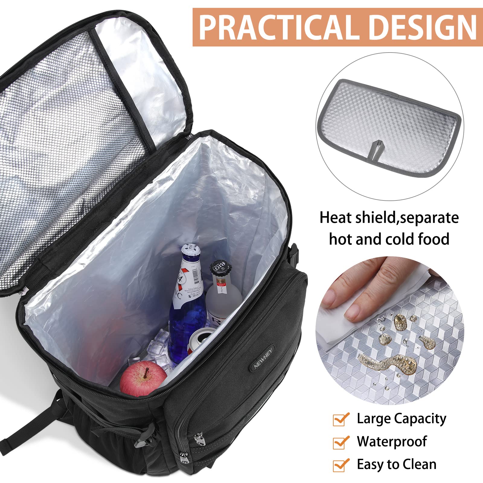 NEWHEY 30L Kühlrucksack Wasserdichten Isoliert Kühltasche Groß Picknickrucksäcke Leicht Lunch Tasche Rucksäcke Cooler Bag für Camping BBQ Wandern Picknick Schwarz