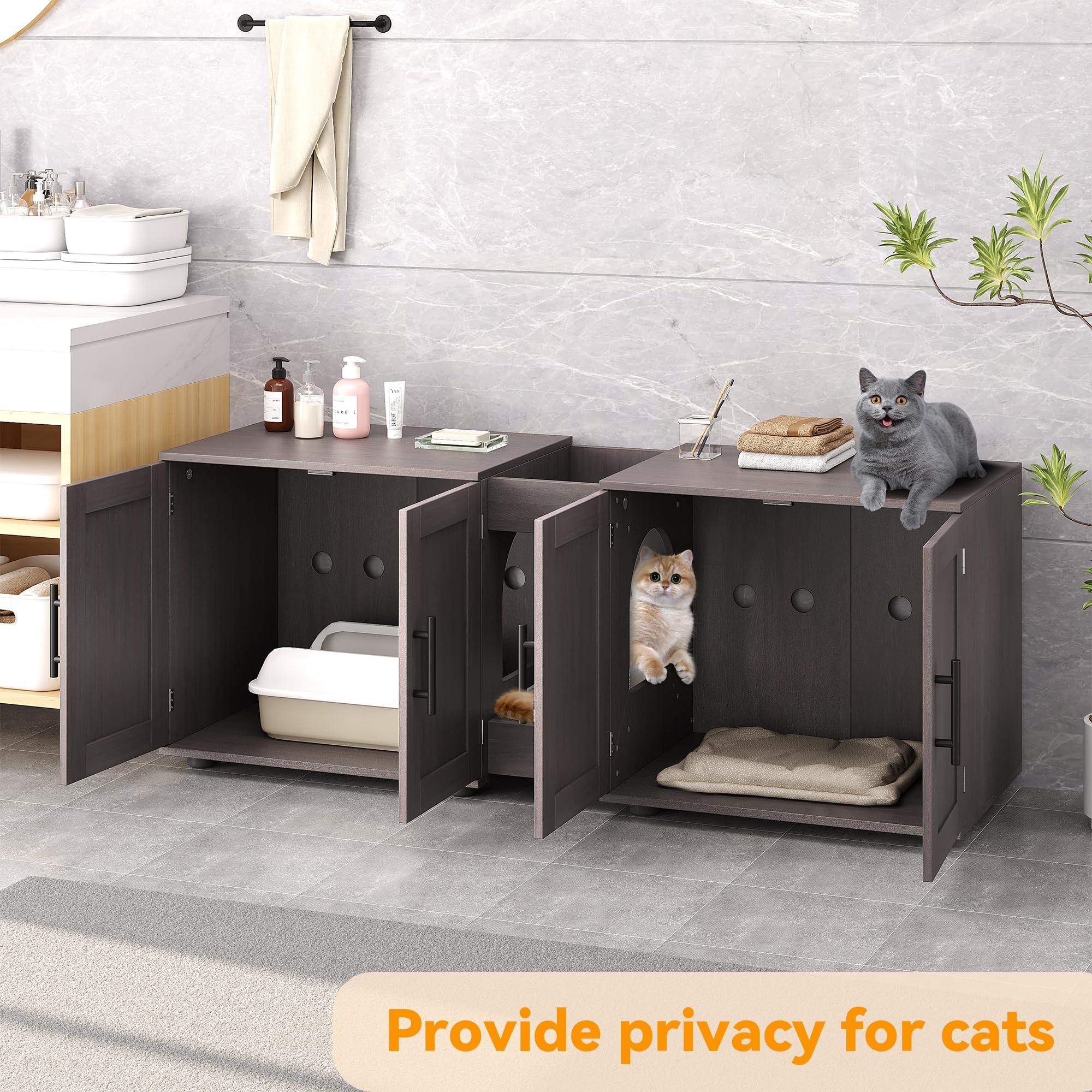 GarveeLife Mueble Arenero para Gatos – Gabinete Oculto con Doble Compartimento para 2 Cajas, Diseño 3 en 1 Mesita Lateral, Madera Impermeable, Negro 140x45x52 cm