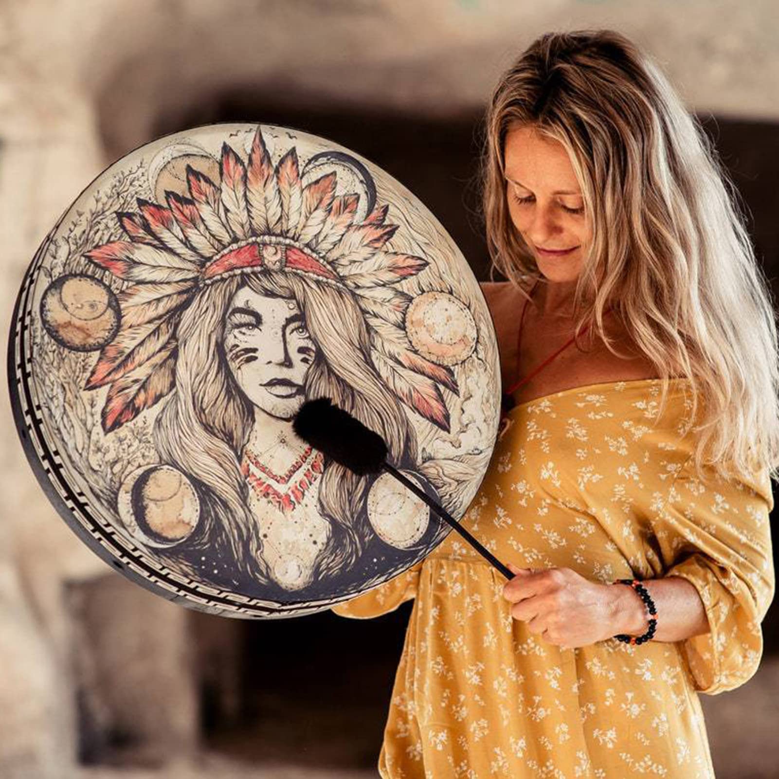 chamán, 25 cm, mano con mango tambor, tambor chamánico hecho a mano, madera, marco para música espiritual, curación sonido, meditación, decoración del hogar, instrumentos percusión