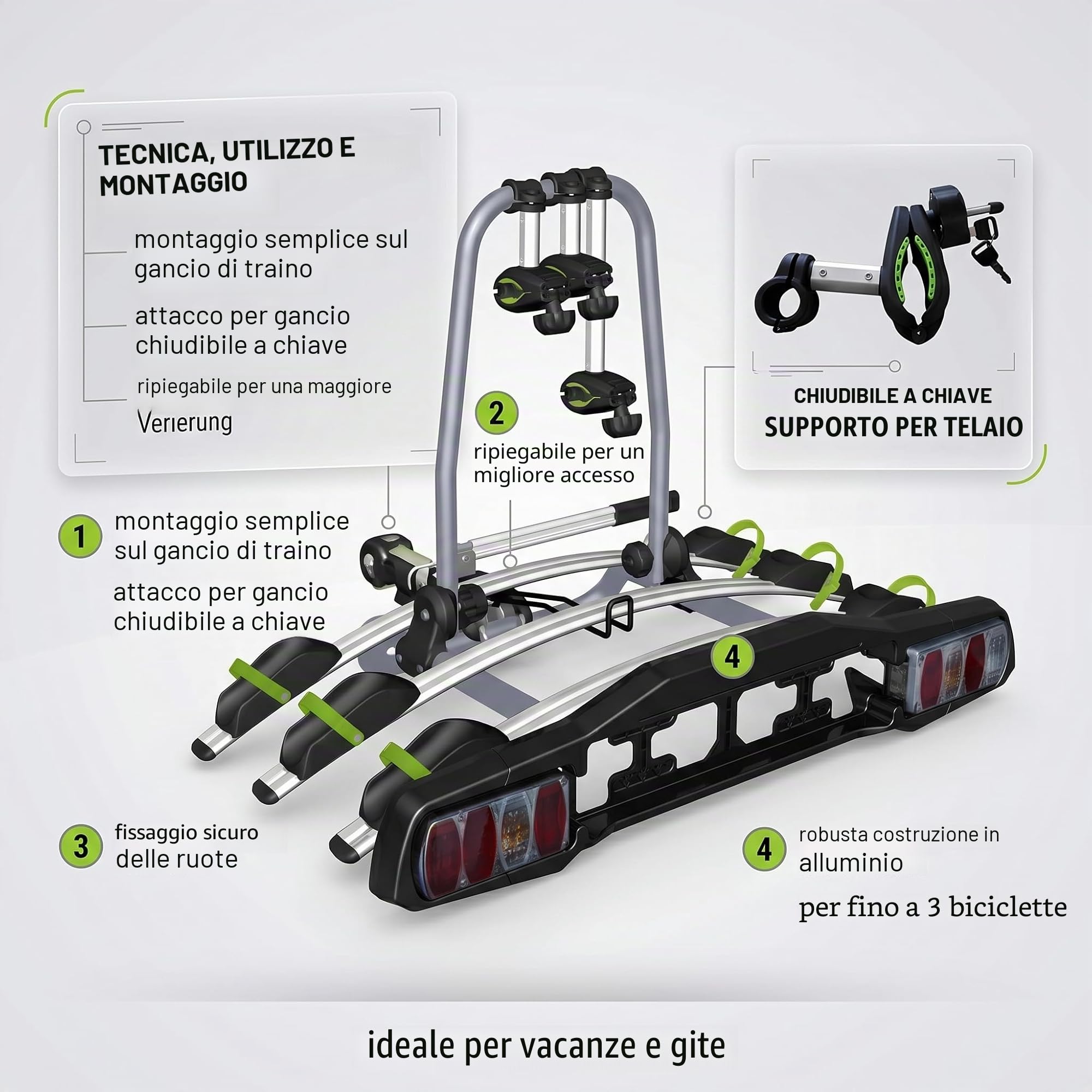 VDP-TBA Portabici per auto, per gancio di traino, per 2 / 3 / 4 biciclette, con serratura, pieghevole, con chiusura Quick Lock