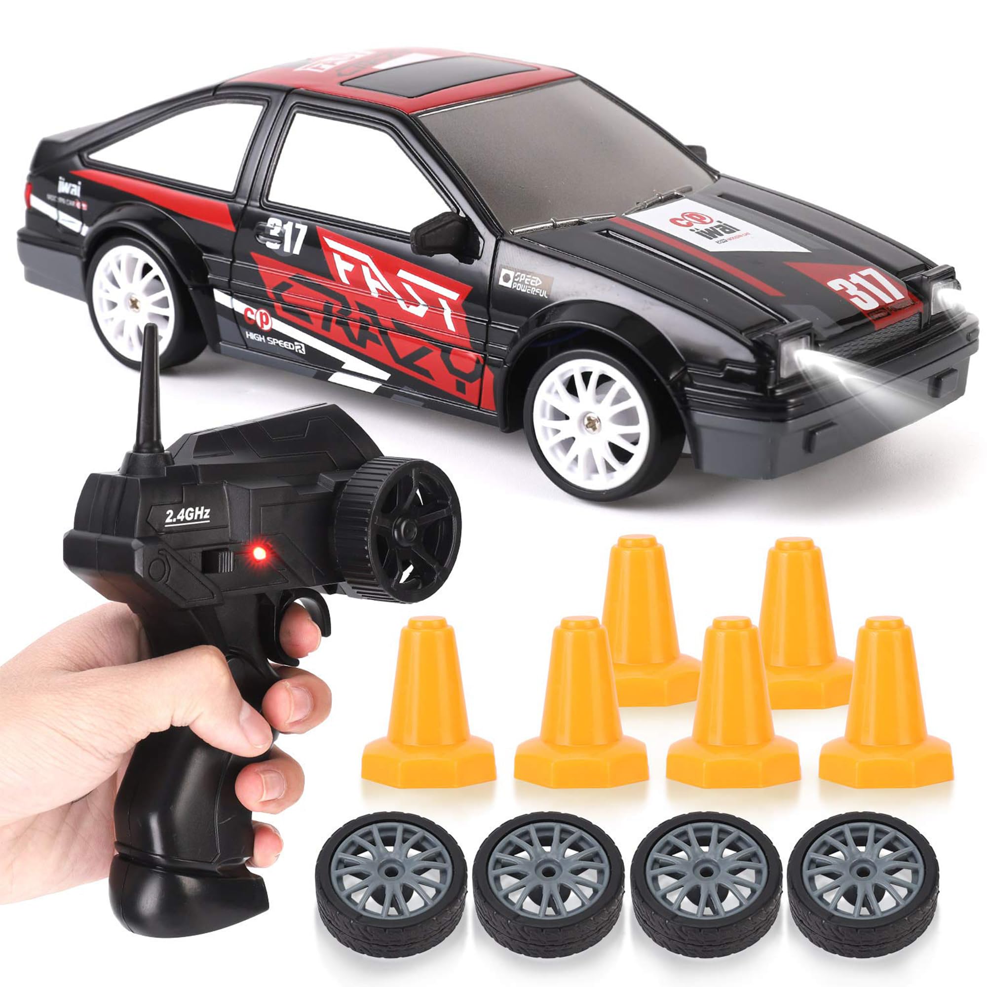 Kidology RC Drift Remote Control - High-Speed Racing Car with LED Lights, Rechargeable Battery, Extra Drift Tires & Cones, 2.4GHz Remote –Gift for Boys, Girls Car1:24 Scale, 4WD 20KM/H (Red)
