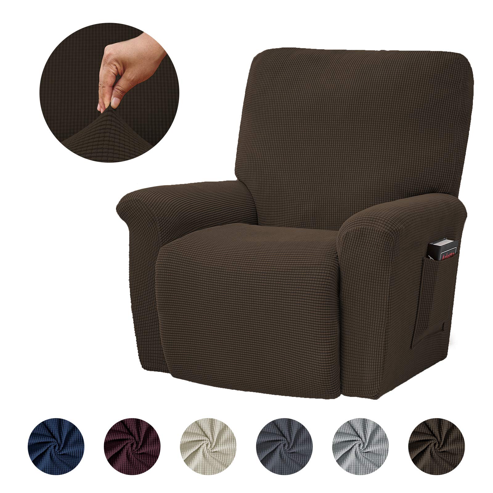 TOPCHANCES Sessel überzug Stretch,Sesselschoner mit Taschen Wohnzimmer,Einfarbig Samt Elastisch Sesselbezug Komplett Sesselbezug,Angepasster für Fernsehsessel Bezug(Braun)