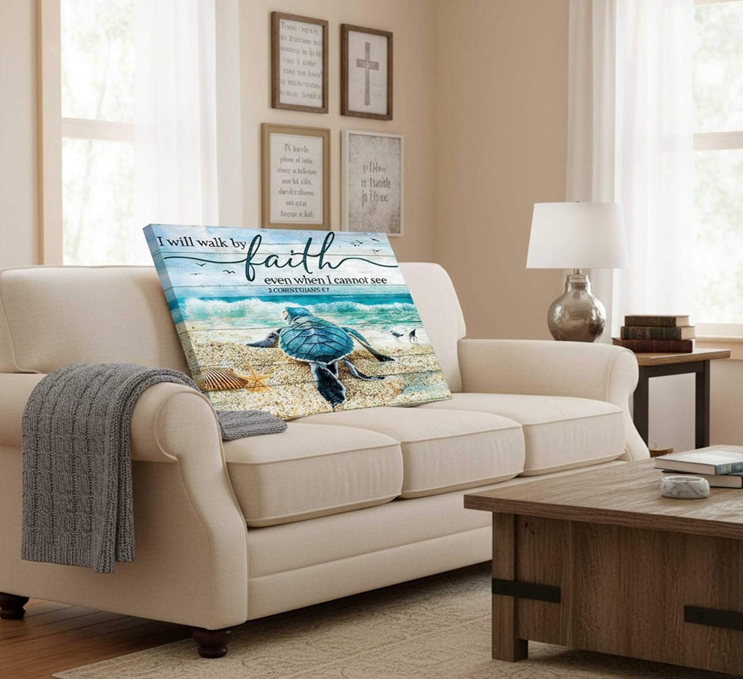 Christian Bible Inspirational Canvas Wall Art Teal Turtle Motivational Quotes I Will Walk By Faith Blue Beach Scenery Painting Picture Wall Decor poster print artwork for Bathroom Office