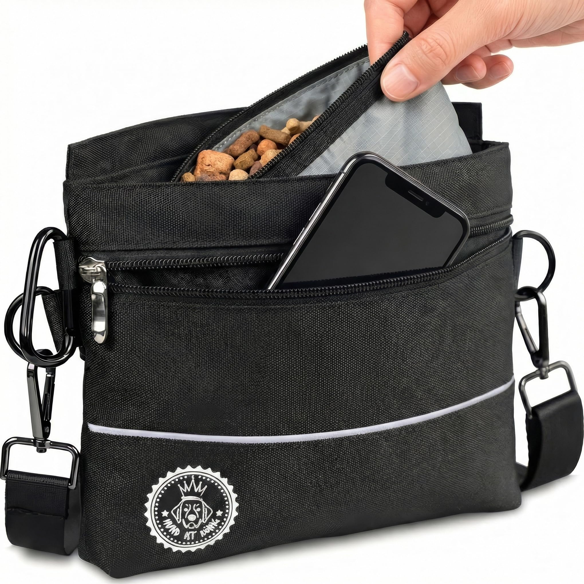 HUND IST KÖNIG Leckerlietasche für Hunde mit Einhand-Magnet-Verschluss, 2 Zip-Fächer, herausnehmbare Innentasche, Leckerlibeutel für Hunde fürs Gassi & Hundetraining, inkl. Trainings-eBook