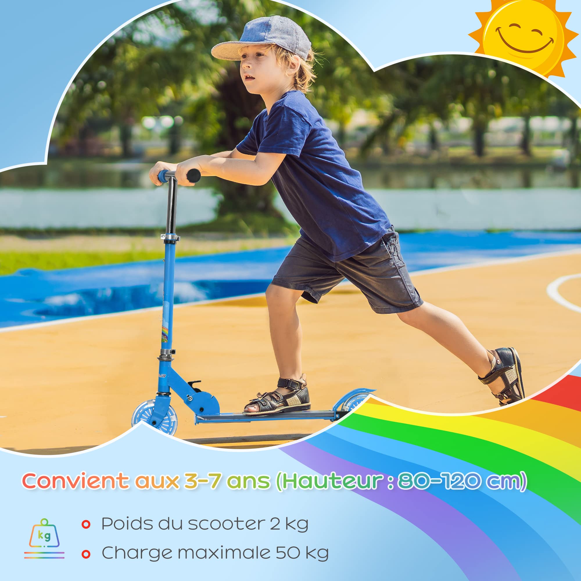 HOMCOM Trottinette pour Enfants de 3 à 7 Ans, Roues légères et Pliables en PU, 12 lumières LED, Musique, 4 Niveaux de réglage de la Hauteur du Guidon, Frein à Friction, Bleu