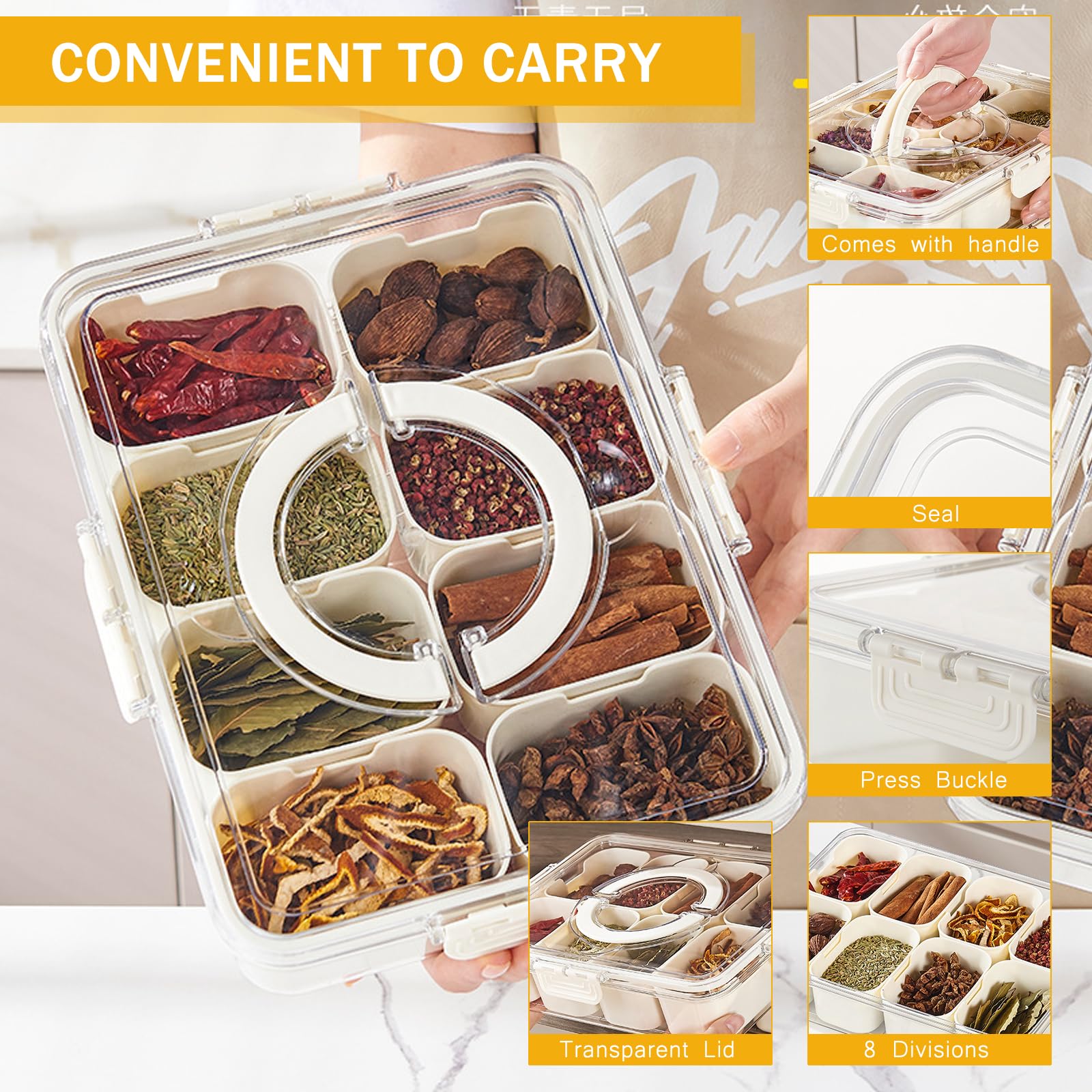 Plato para servir refrigerios, plato para refrigerios con 8 compartimentos, caja de almacenamiento para refrigerios con tapa y asa, bandeja organizadora para dulces, postres de galletas vegetales — view 2