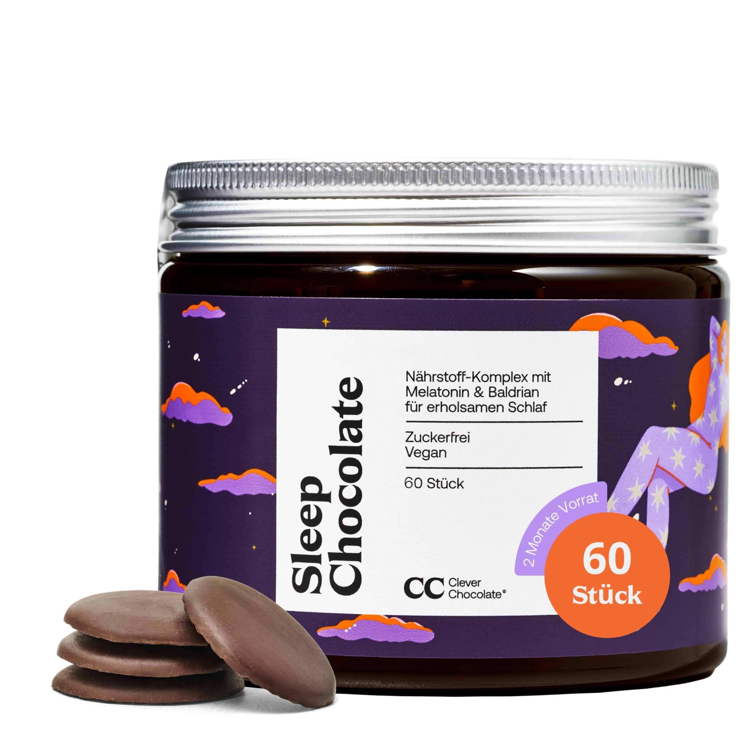 Sleep Chocolate - Melatonin, Baldrian, Vitamin B6 - verkürzte Einschlafzeit, Entspannung, Beruhigungsmittel, Einschlafhilfe - Zuckerfrei - Vegan - 60 Stück - Made in Germany - Clever Chocolate