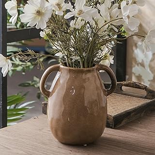 Brown Ceramic Vase with 2 Handles for Modern Farmhouse Home Decor, Vinta...