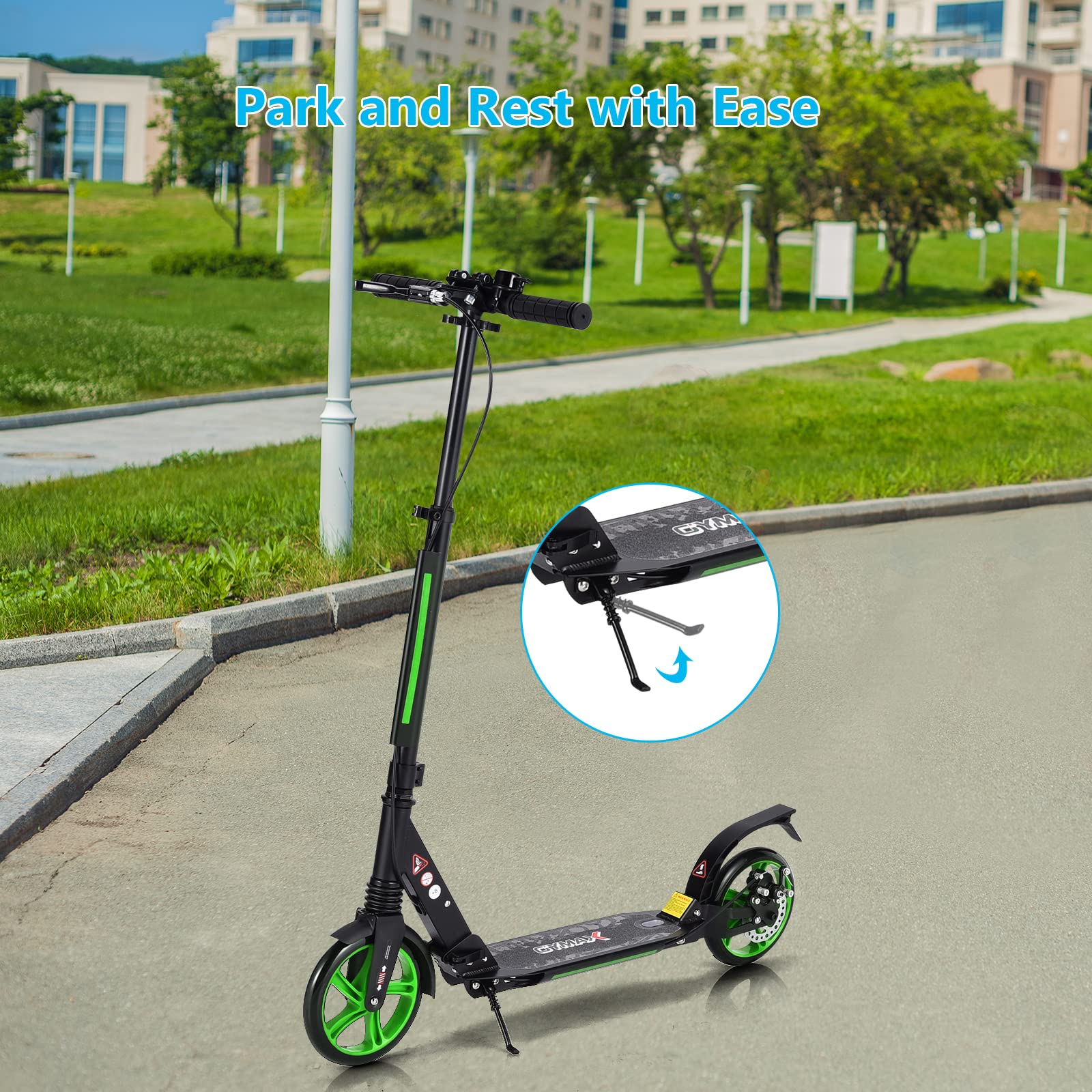 COSTWAY Kickscooter z dzwonkiem i podstawką, hulajnoga z regulacją wysokości, kick scooter składany, hulajnoga miejska obciążalna do 100kg, hulajnoga z pasem nośnym, dla dzieci i dorosłych