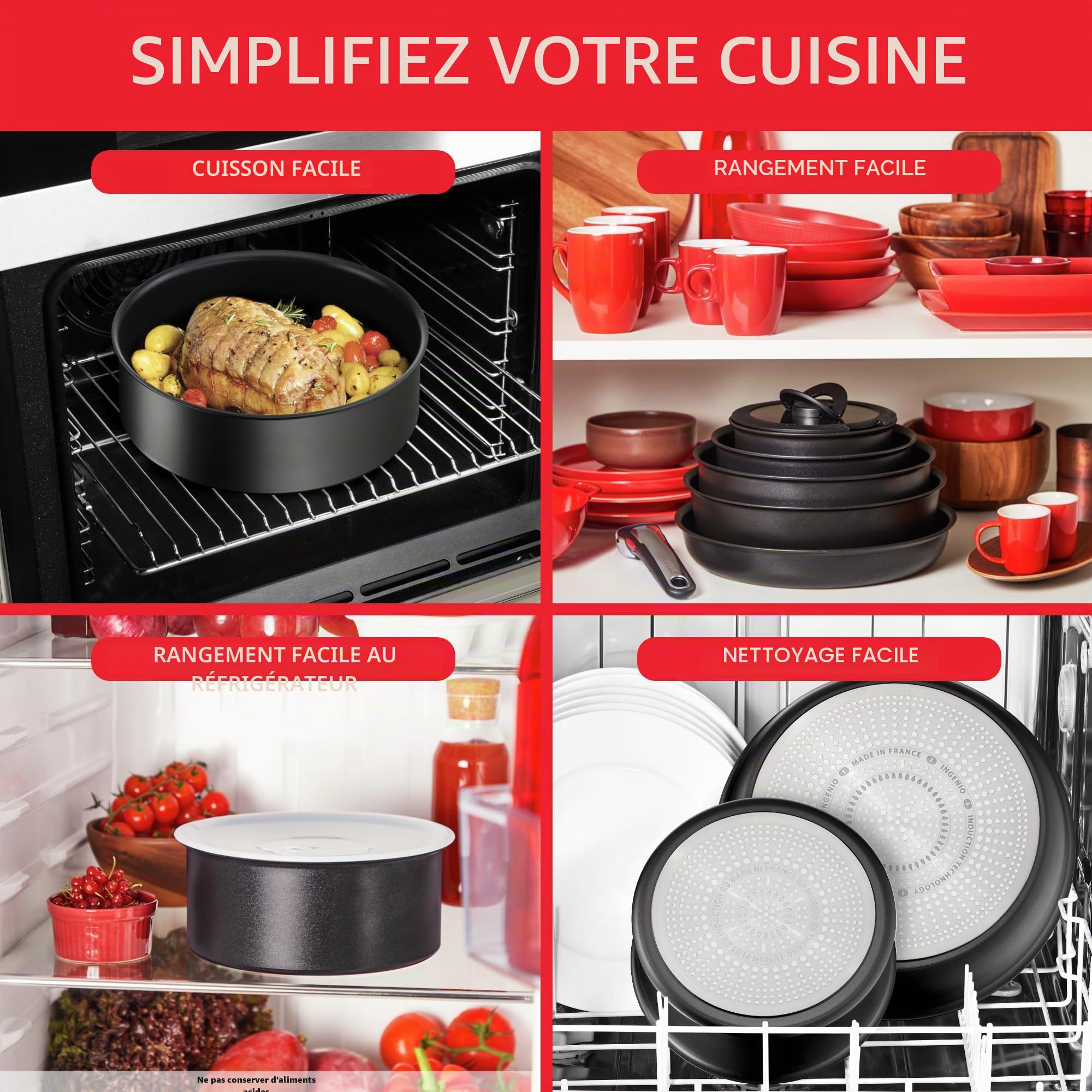 Tefal Ingenio Lot de 3 pièces, Poêles antiadhésives 24/28 cm + poignée amovible, Induction + four, Revêtement antiadhésif, Empilable, Fabriqué en France, Unlimited On L3959143