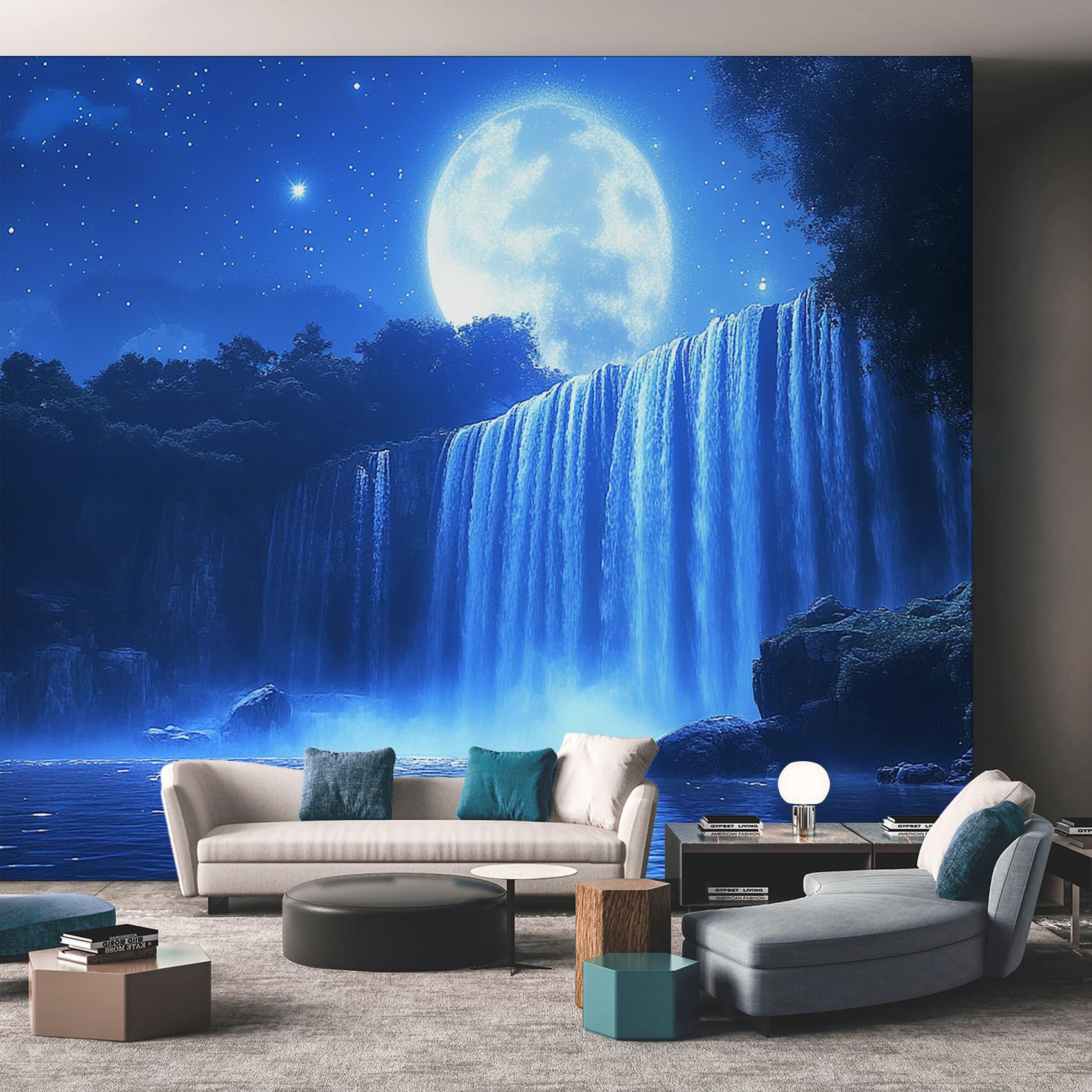Waterfall Wallpaper - Moon Fantasy Landscape Blue Wall Mural - Wall Murals for Living Room Bedroom - Photo Wallpaper & Home Decor Art - 200 x 140 cm F376