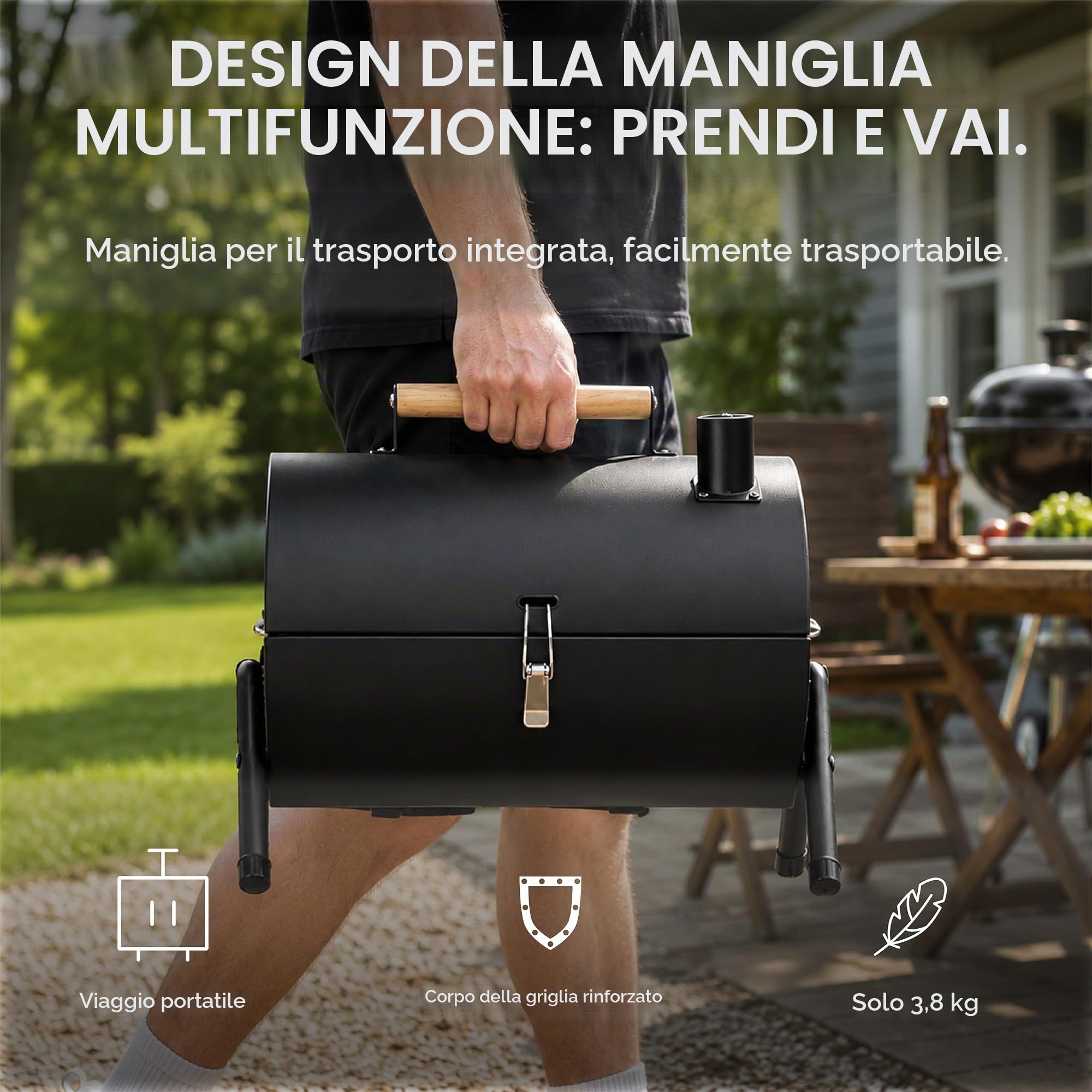 Barbecue a carbonella con doppia superficie di cottura, 37,5 x 25,5 cm, portatile, per esterni, in acciaio, con coperchio, camino e manico in legno, per giardino, terrazza, campeggio e picnic
