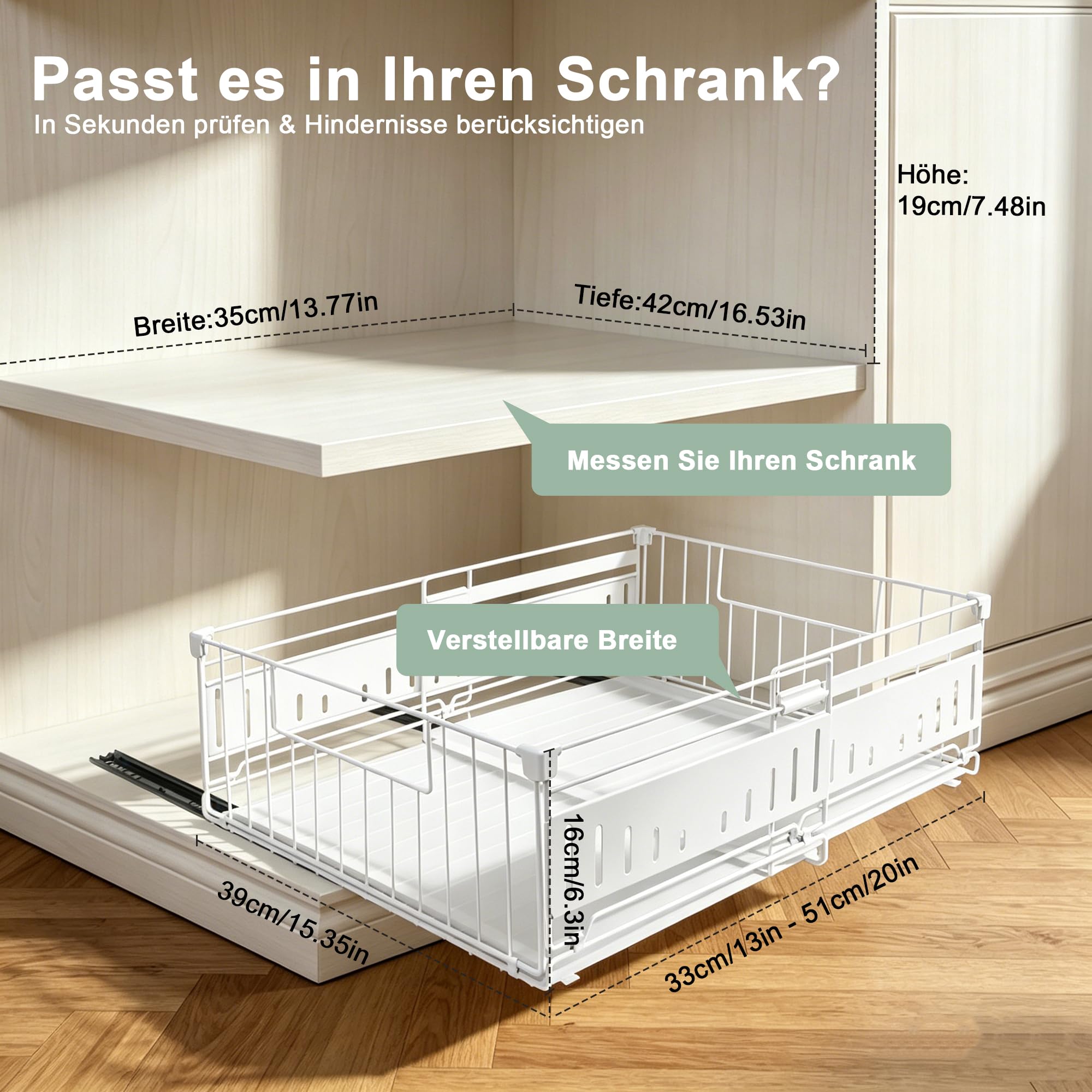 2 Stück Ausziehbare Schublade Küche, Teleskopschublade Inklusive Schubladenmatte, Einstellbarer Breite 33-51 cm, Küchenschrank Organizer ohne Bohren für Küche, Bad, Zimmern und Abstellräumen, (Weiß) | Mit Schubladenmatte, Ausziehbreite (33-50 cm), 3 Gleit
