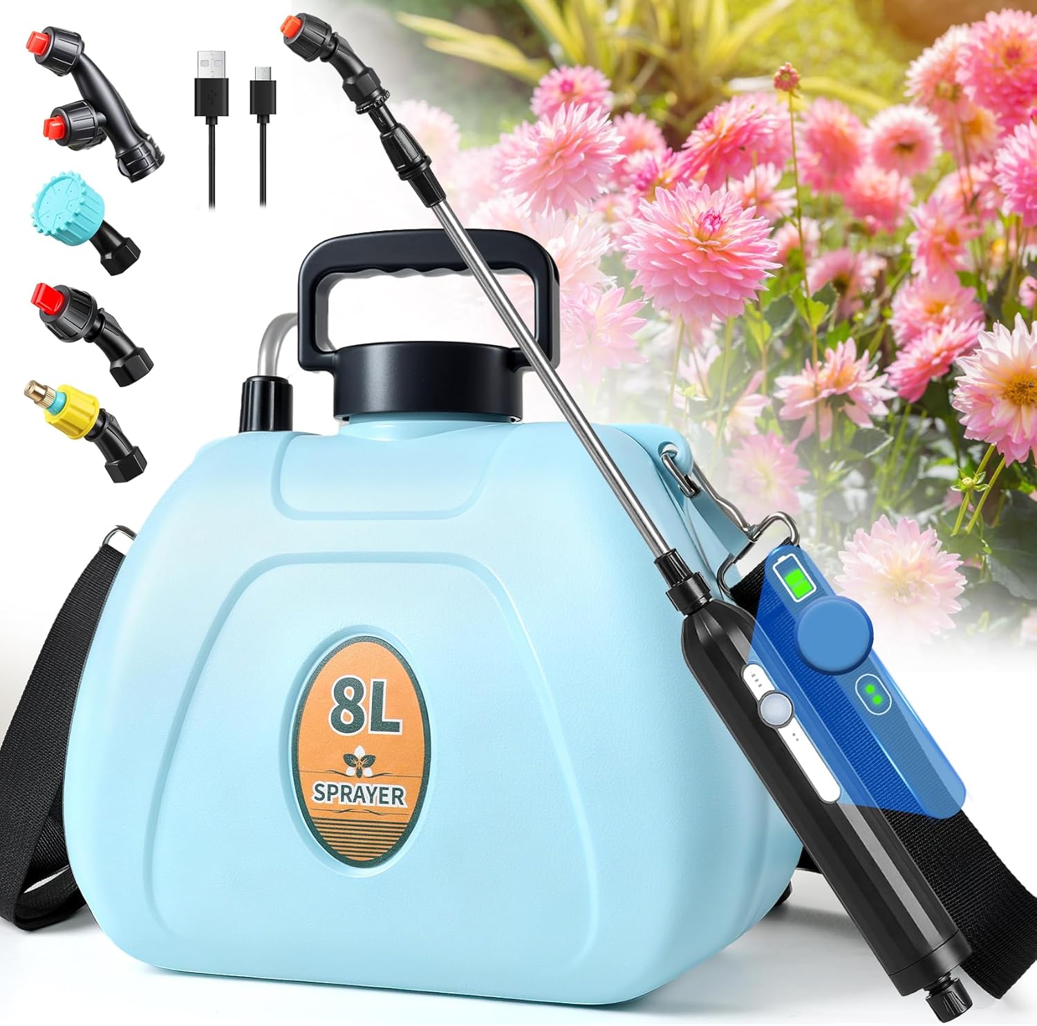 PASAMIC 2 Gallon Rechargeable Battery Sprayer: 2 Speeds, 4 Nozzles, 40" Wand, 3Hr Battery for Lawn Garden Cleaning