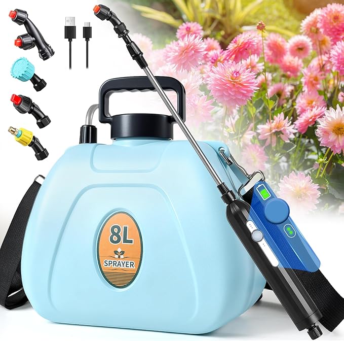 PASAMIC 2 Gallon Battery Powered Sprayer, Rechargeable Electric Sprayer with 2 Speeds & 4 Nozzles, Battery Indicator, Retractable Wand, Adjustable Straps & Storage Bag for Lawn Garden