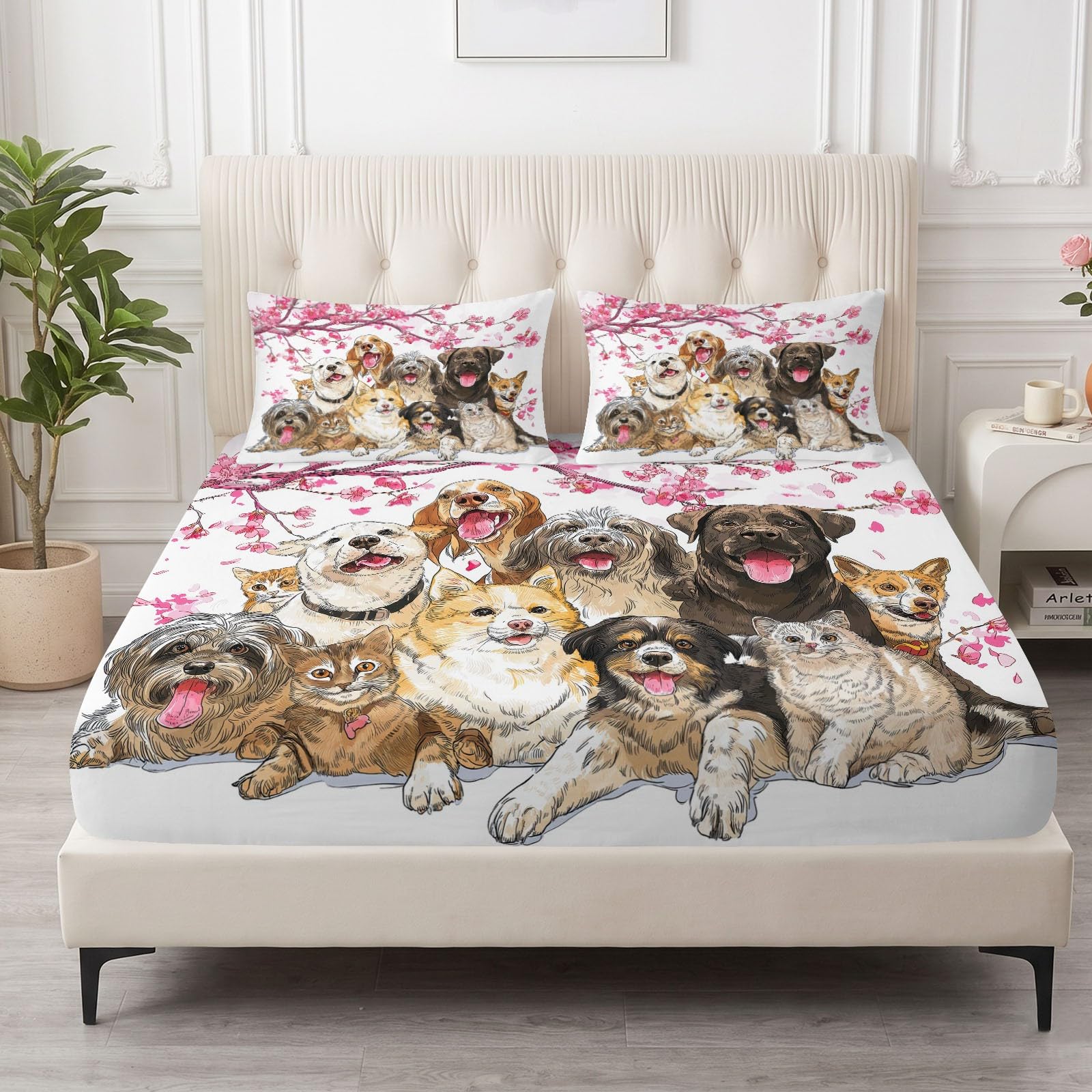 Juego de 3 sábanas bajeras ajustables de 140 x 200 cm para cuna, sábana bajera ajustable de microfibra transpirable, sábana bajera con bonito animal, gato y perro y 2 fundas de almohada con cremallera