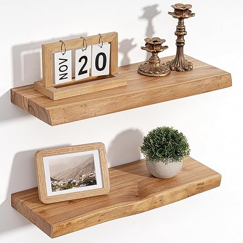 Miniatura 20 de Estantes flotantes para decoración de pared, estantes flotantes rústicos de madera maciza de olmo con borde vivo, estantes de pared con soporte