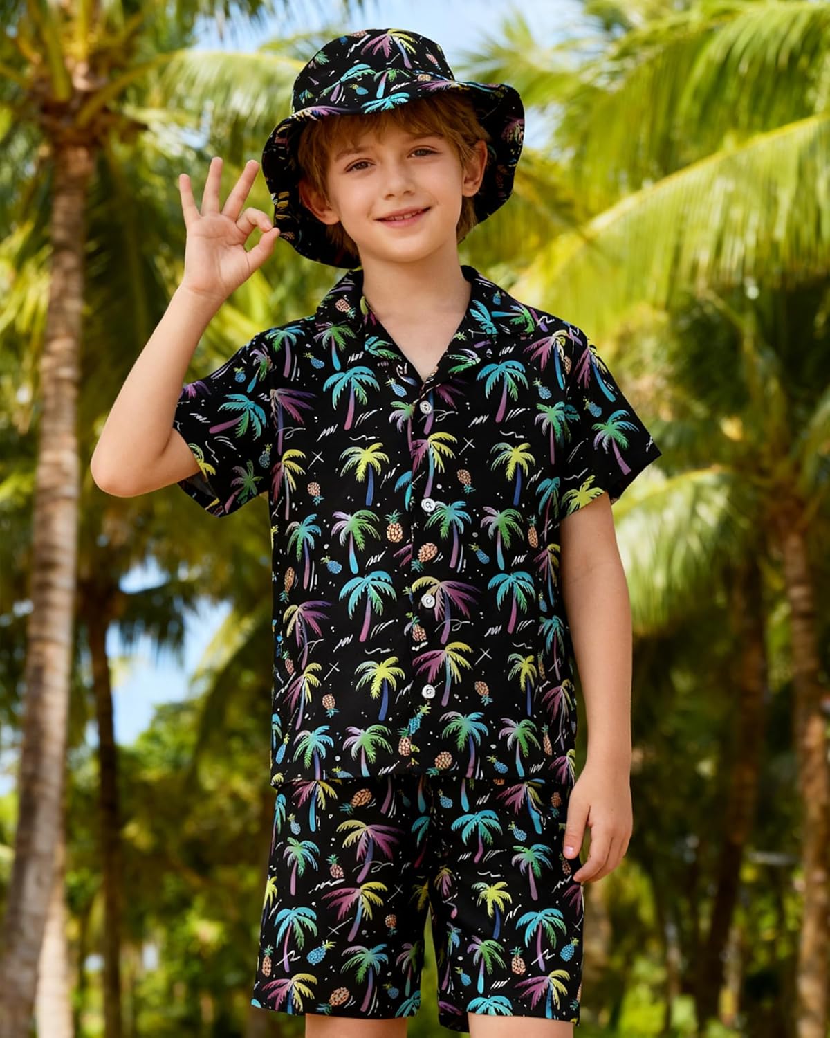 ZOEREA Boys Hawaiian Outfit 3Pcs Kids' Summer Beach Clothes Set Luau Tropical Shirt Top +Shorts + Hat for Children 4-12 Year - Image 2