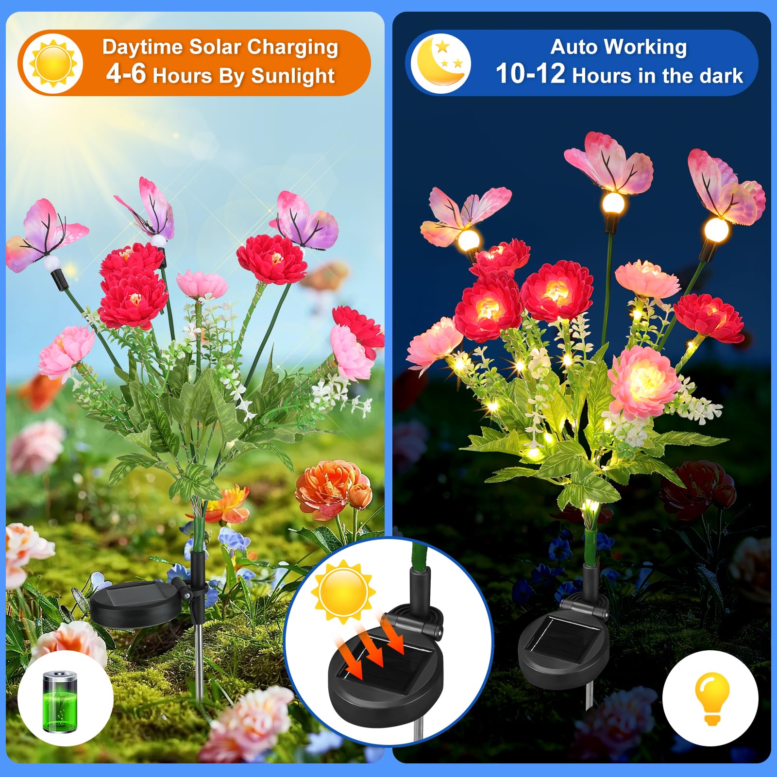 2 Pack Solar Garden Lights With Butterfly Flowers - Waterproof Outdoor Solar Lights For Patio & Yard