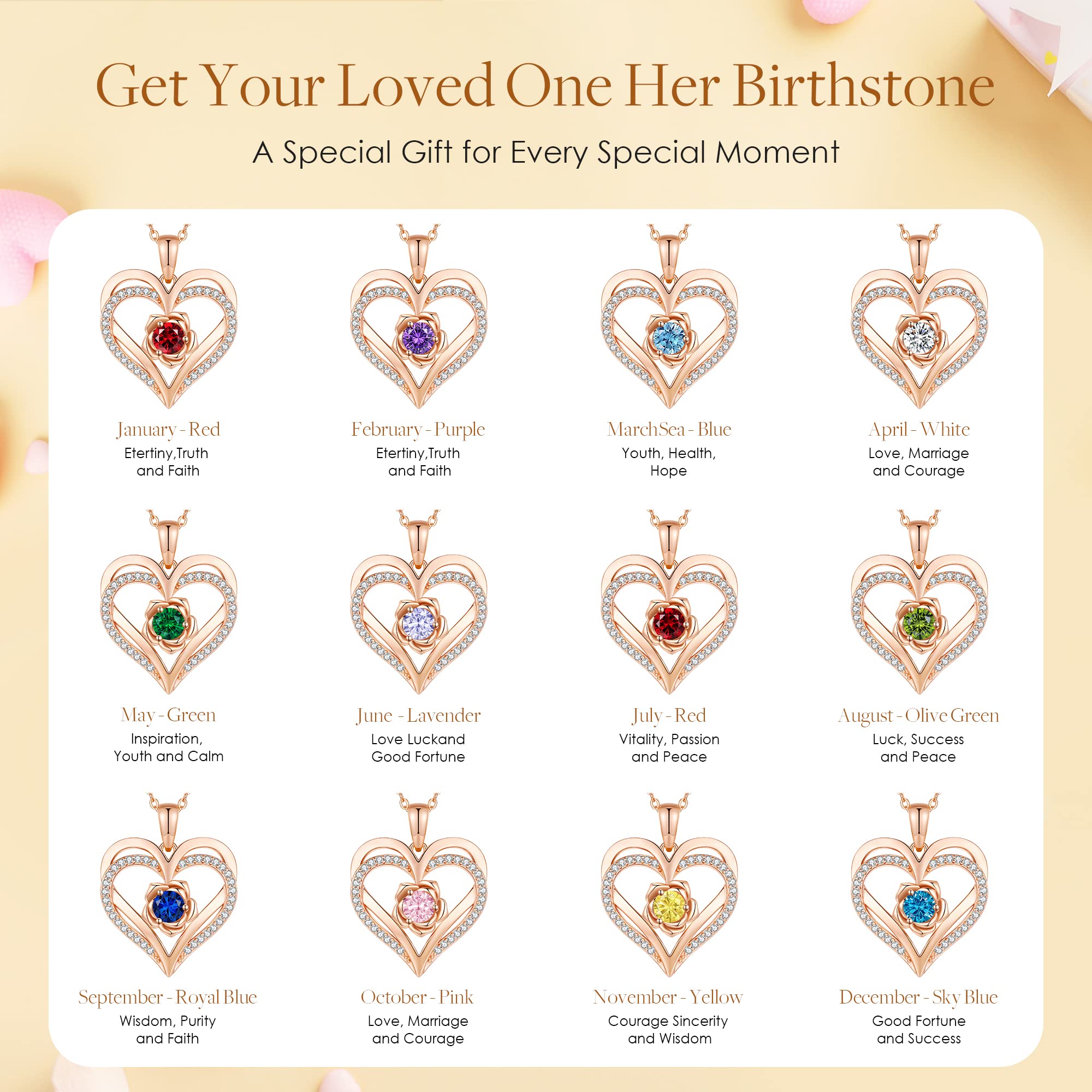 CDE Rosegold Herz Halskette für Damen Geburtsstein Schmuck Geschenk | Herz Halskette Geschenk für Frauen Mama mit Anhänger Schmuck Valentinstag Muttertag Geburtstag Weihnachten