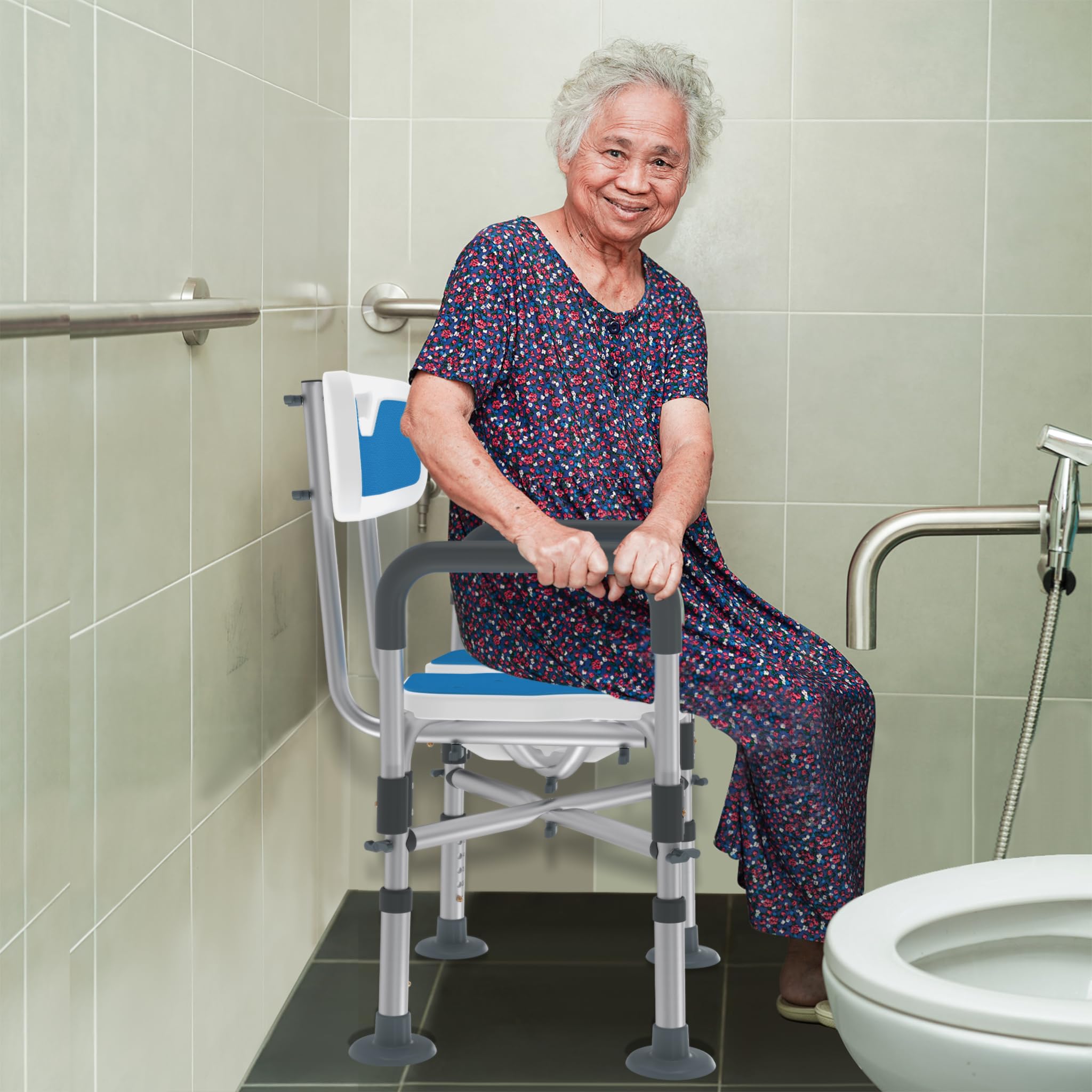 XMTECH Krzesło prysznicowe, taboret kąpielowy z higienicznym wycięciem, krzesło prysznicowe dla seniorów, siedzisko prysznicowe z podłokietnikami i oparciem, krzesło kąpielowe z regulacją wysokości