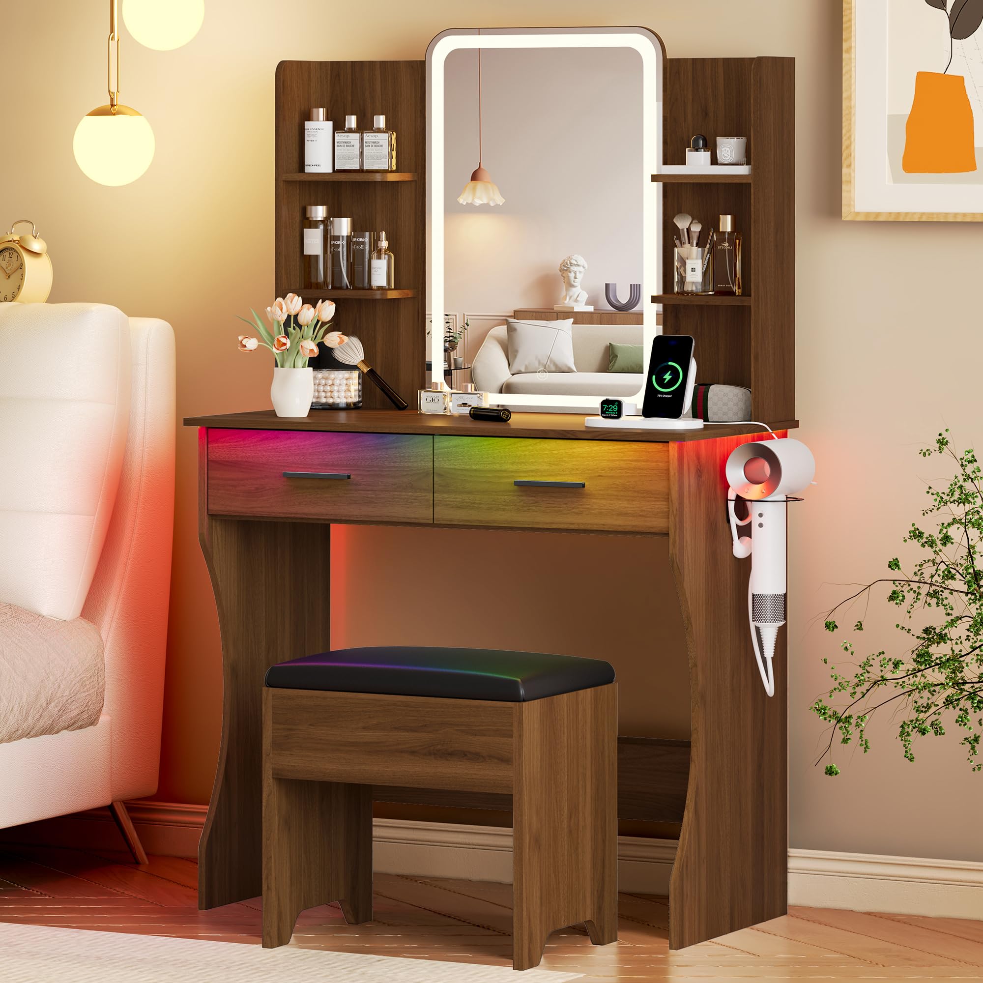 vanity desk with led lights mirror & power outlet, small makeup vanity table set with storage drawers & chair, 3 lighting modes & adjustable brightness, dressing table for women girls bedroom, walnut