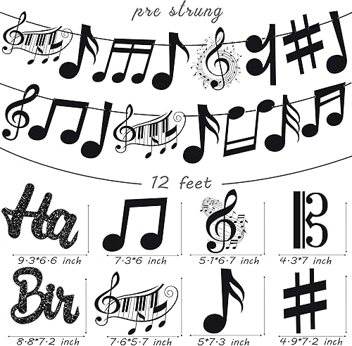 Miniatura 5 de Cartel de feliz cumpleaños con notas musicales, decoraciones de fiesta musical negra para tema de piano, suministros de baby shower