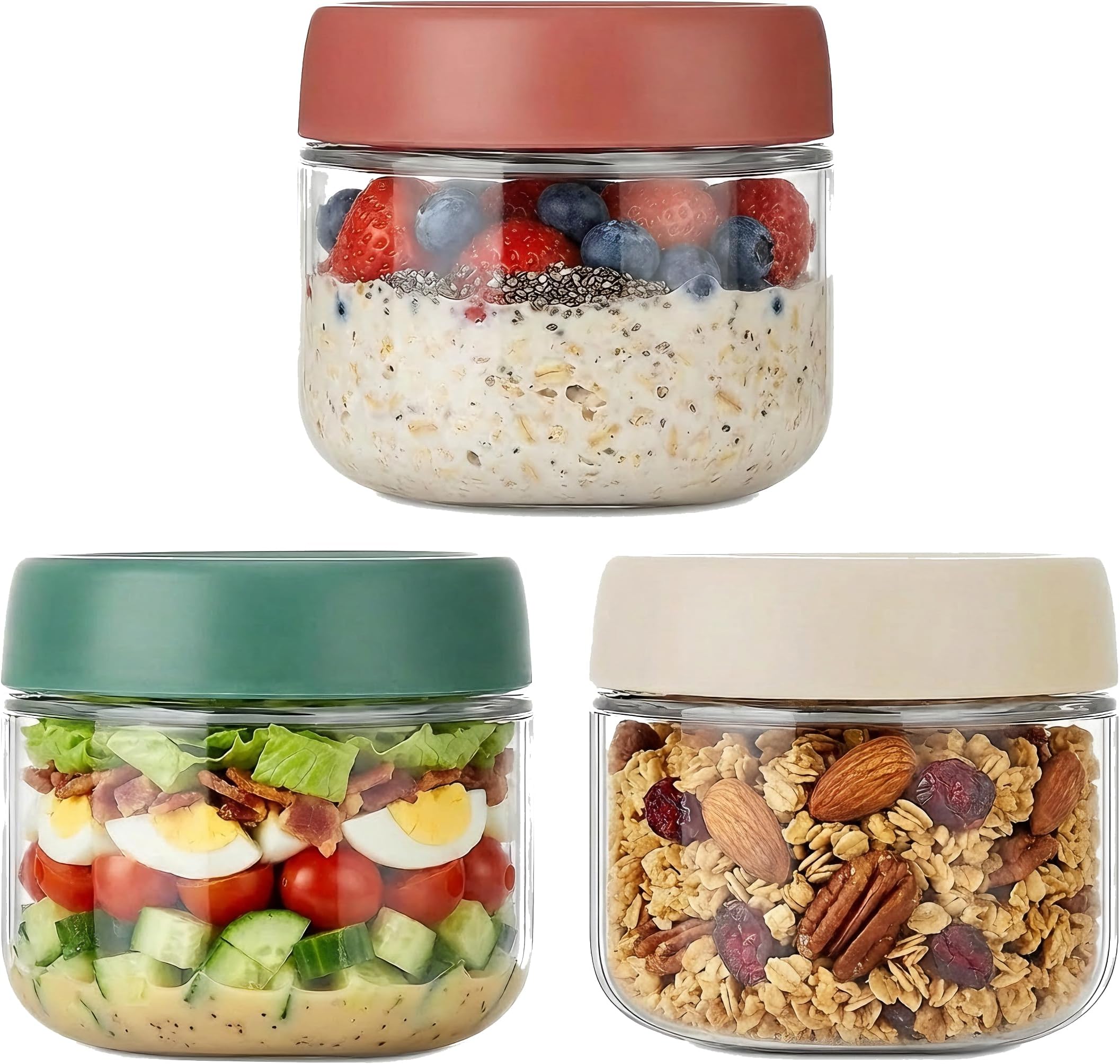 3Pack Overnight Oats Containers with Lids,10oz Glass Jar with Scew Lid,Salad Dressing Fruit Veggies Sauce Snacks Meal Prep Food Containers,Spice Jars,Wide Mouth Storage Containers