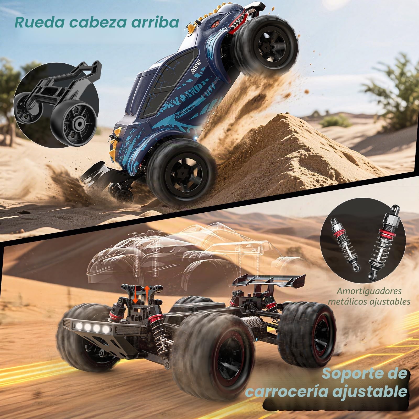 DEERC 9308E 1:16 Coche Teledirigido Monster Truck Rápido 40 KM/H, Camión RC Dinosaurio 4 Ruedas Motrices Alta Velocidad, Coche RC Todo Terreno 2,4 GHz con 2 Baterías y 2 Carcasas para Niños