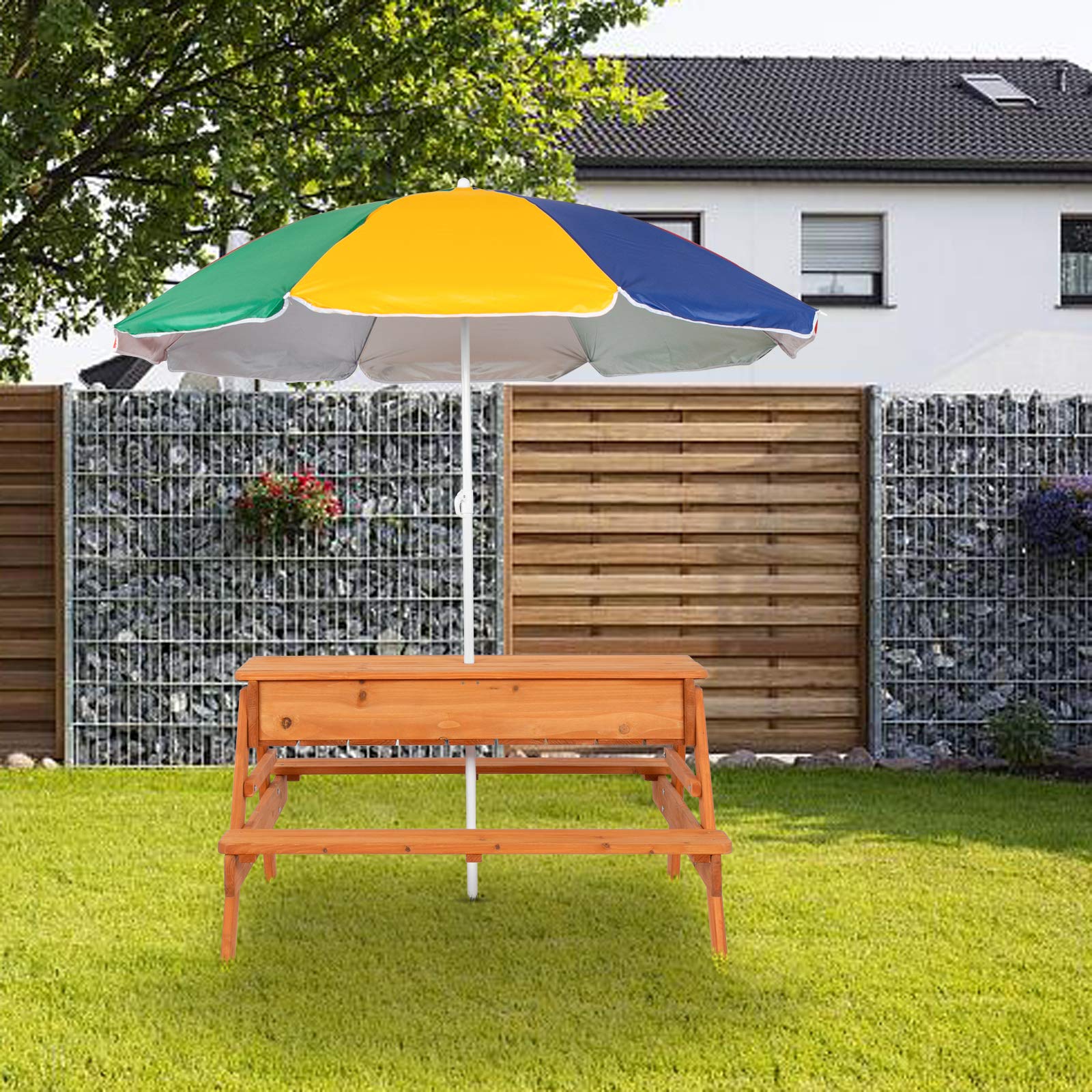 JOYMOR 3 in 1 Kids Picnic Table with Umbrella and 2 Play Boxes, Sand & Water Table with