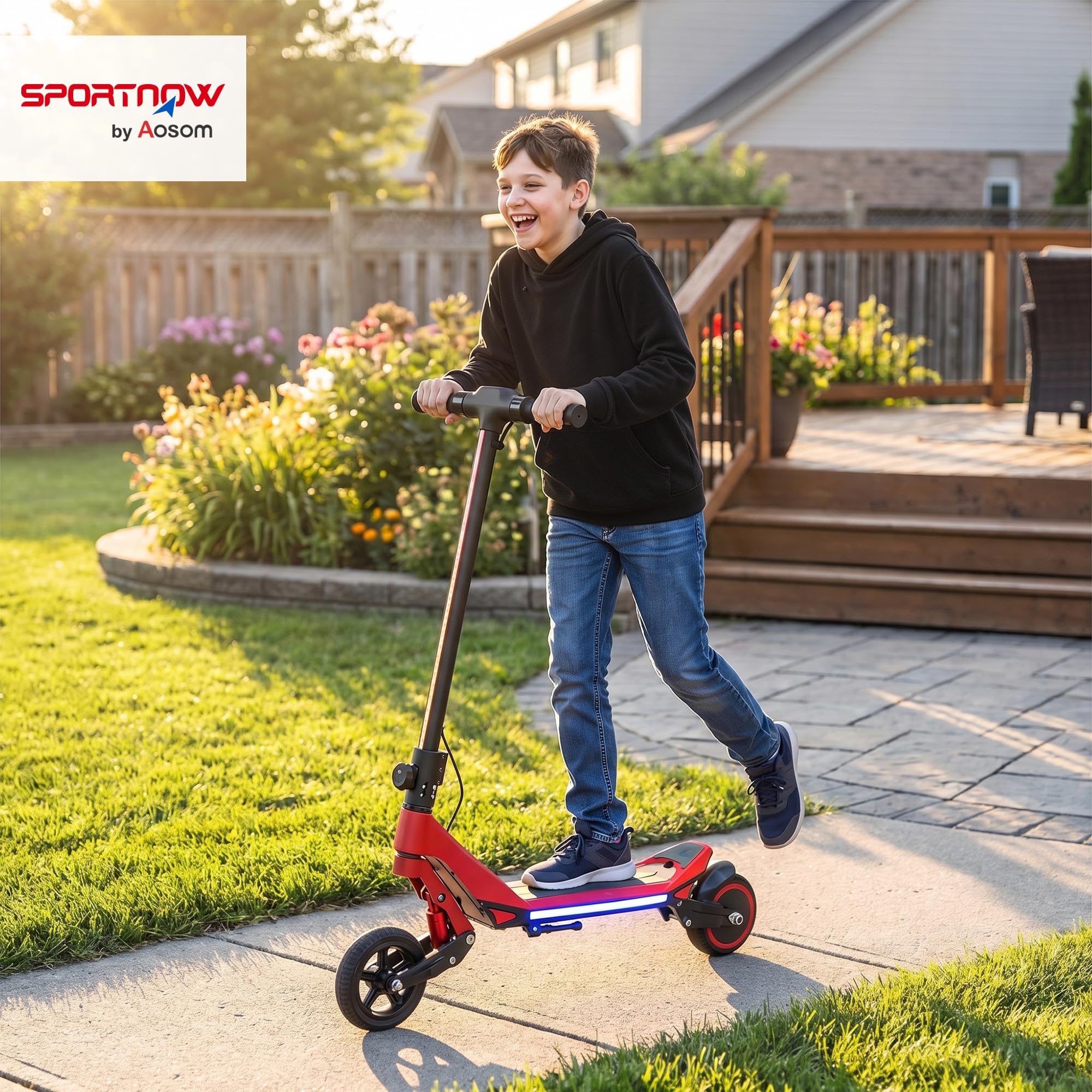 SPORTNOW Patinete eléctrico para niños, doble suspensión, plegable, de 6 a 14 años, color rojo | Pantalla LED, luces RGB, hasta 16 km/h, alcance de 12 km, ruedas sólidas de 6.5 pulgadas, kick-to-start, para niños y niñas