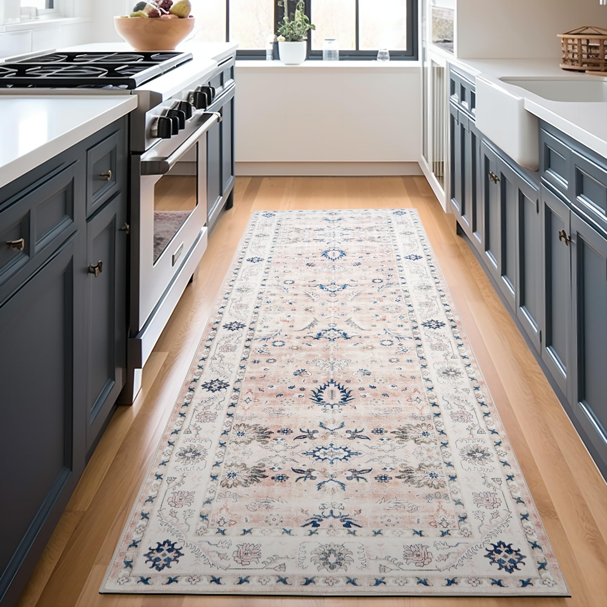 PureCozy Pink Runner Rug 2x6 Indoor Washable Kitchen Accent Rug Boho Low Pile Carpet Farmhouse Floral Distressed Throw Rug Hallway Bedroom Living Room Bathroom Office