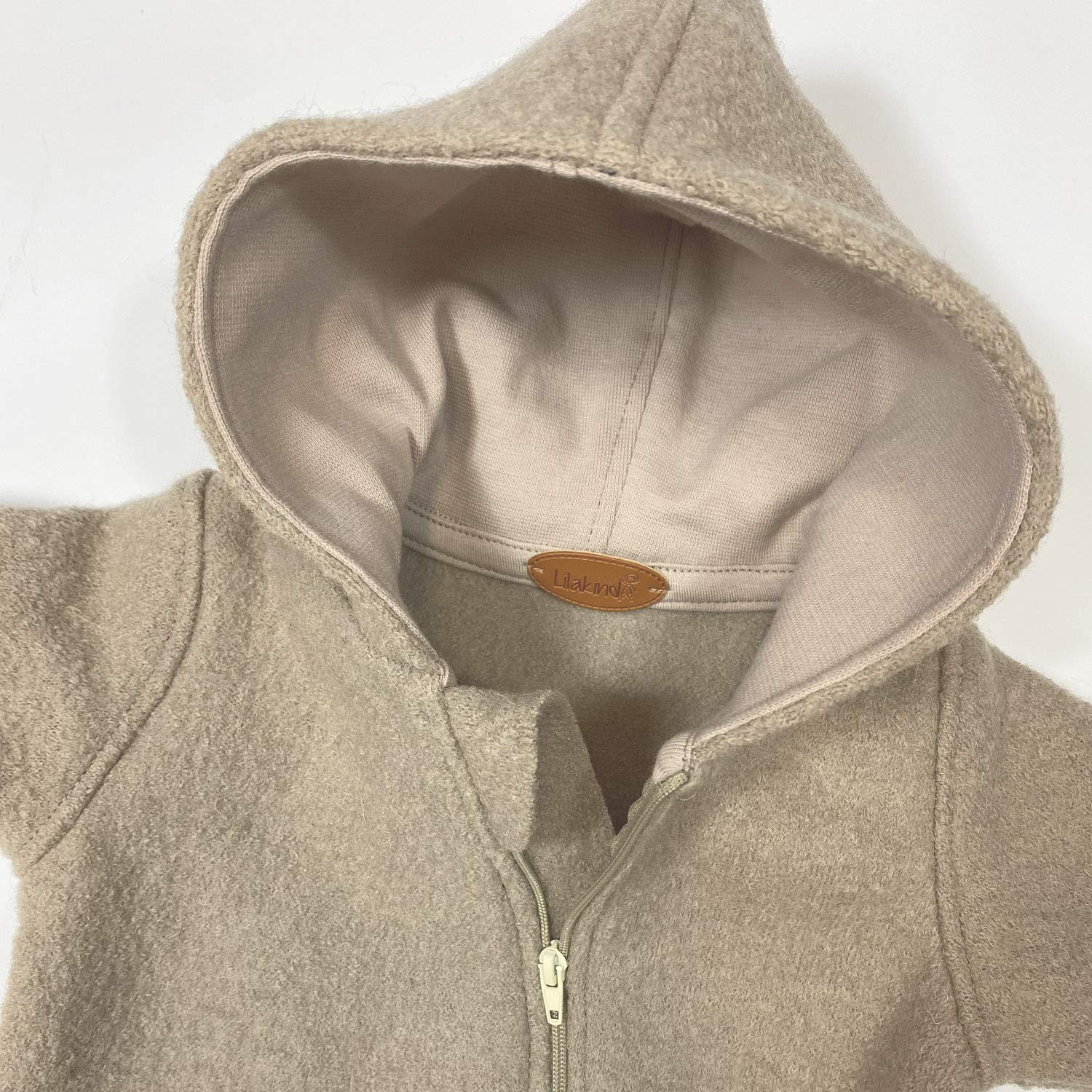 Lilakind“ Baby Wollwalk Overall Einteiler mit Kapuze Walkloden Walkoverall Sand Beige Gr. 56/62-116/122 - Made in Germany