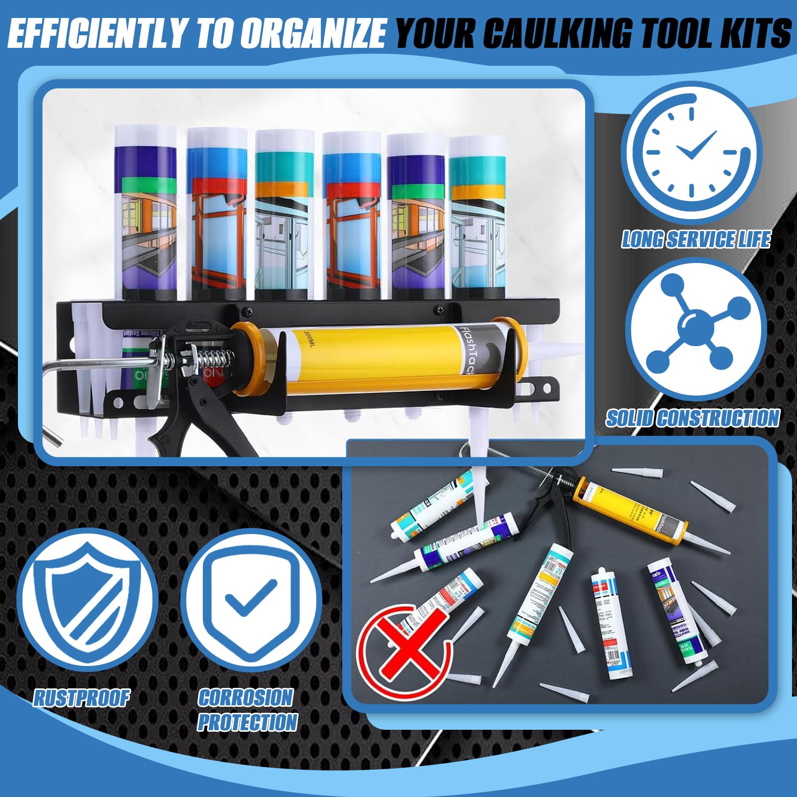 Silikonhalter, 2PCS Silikonkartuschenhalter Metall Wandregal Multifunktional Spraydosenhalter Handkartuschenregal mit 2 Haken Werkstatt Halterung für Kartuschen 6 Schlitzen für Zuhause Garage