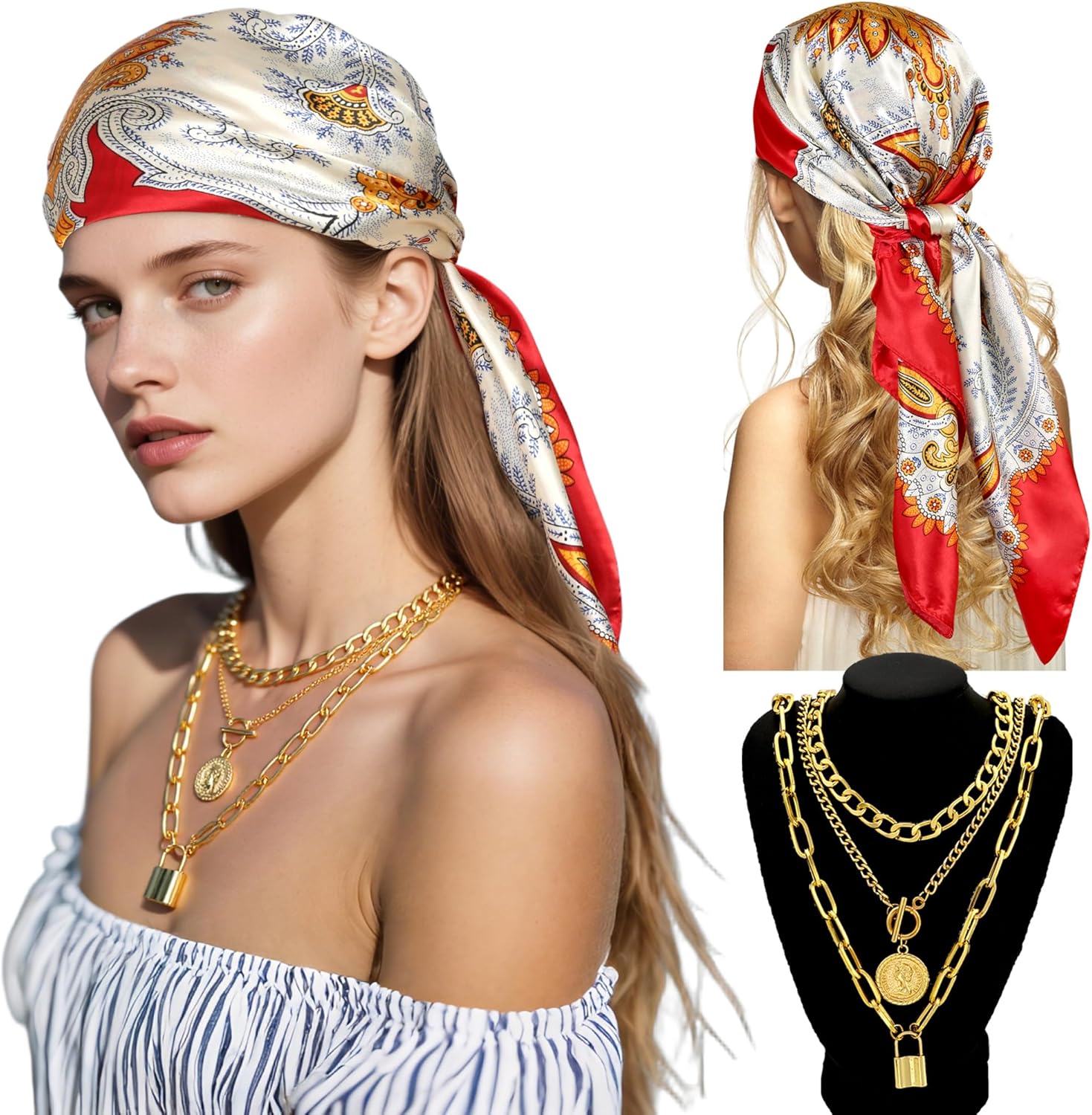 GERVAISE Women Pirate Accessories 35" Square Head Scarf Bandana Layered Gold Necklaces Beige